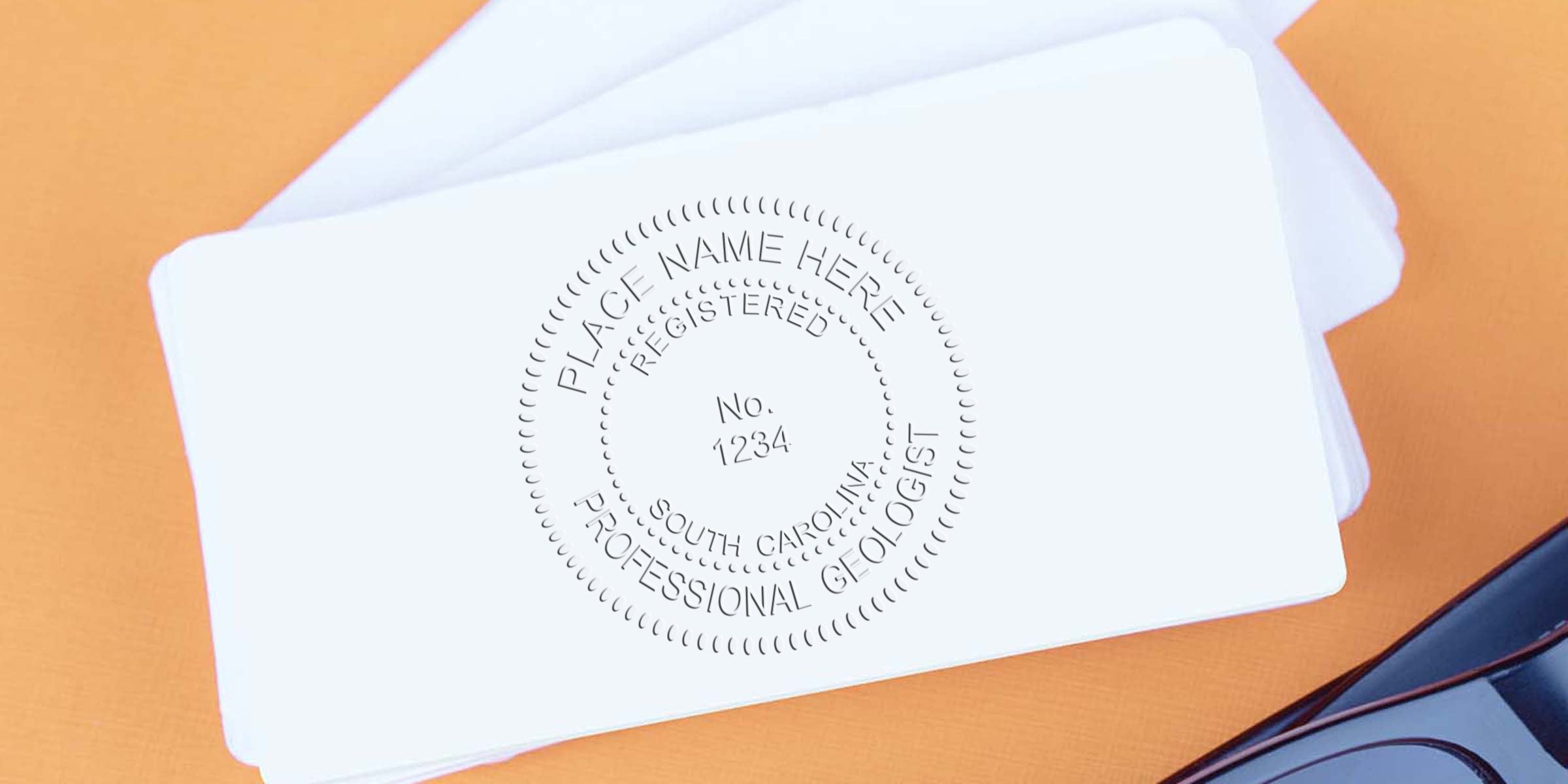 South Carolina Professional Geologist Seal embossed on white cards with black glasses and orange background, illustrating how to get the Geologist Seal SC.