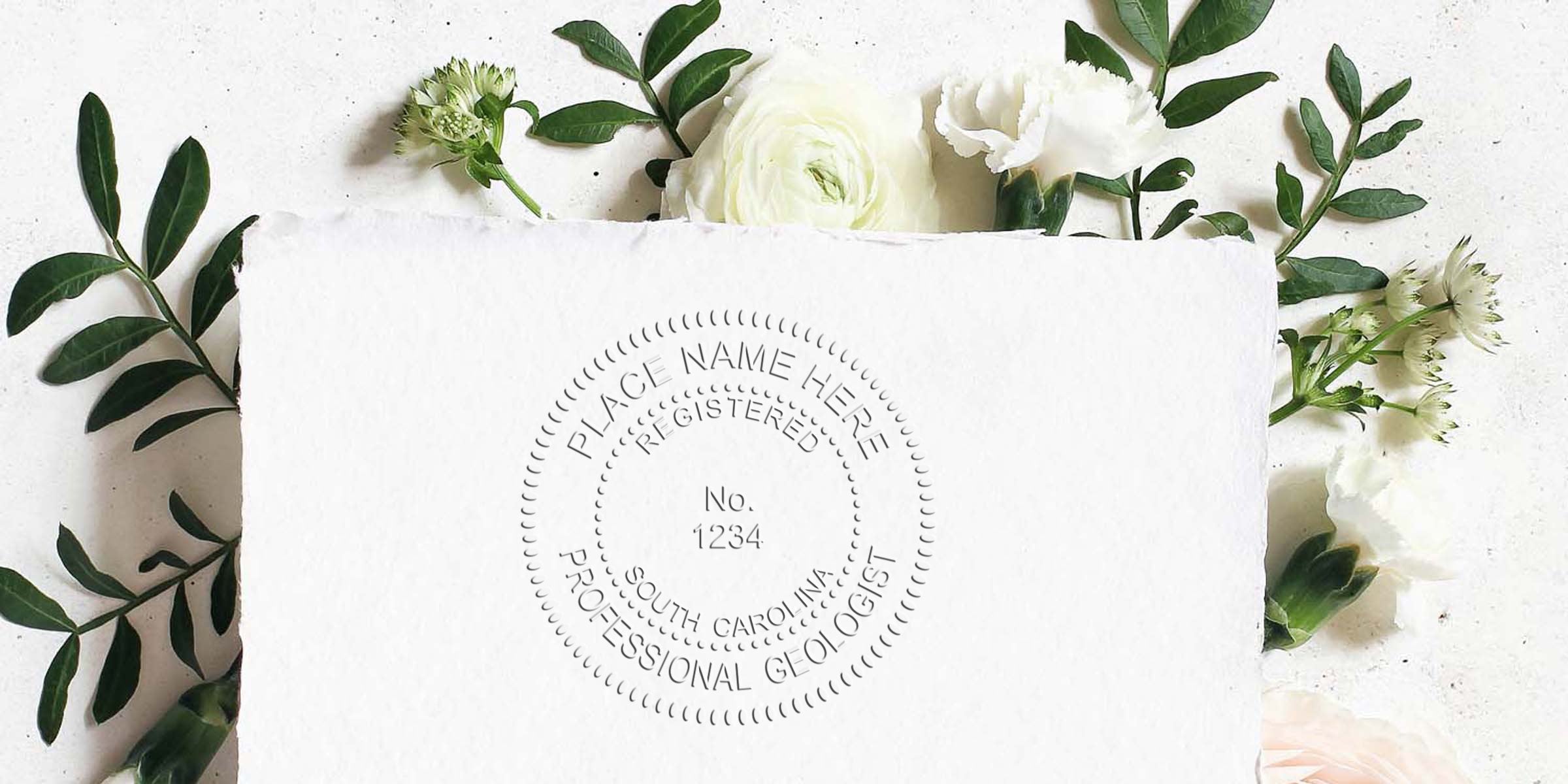 South Carolina geologist stamp with a white professional seal on textured paper and floral background, meeting geologist stamp regulations.
