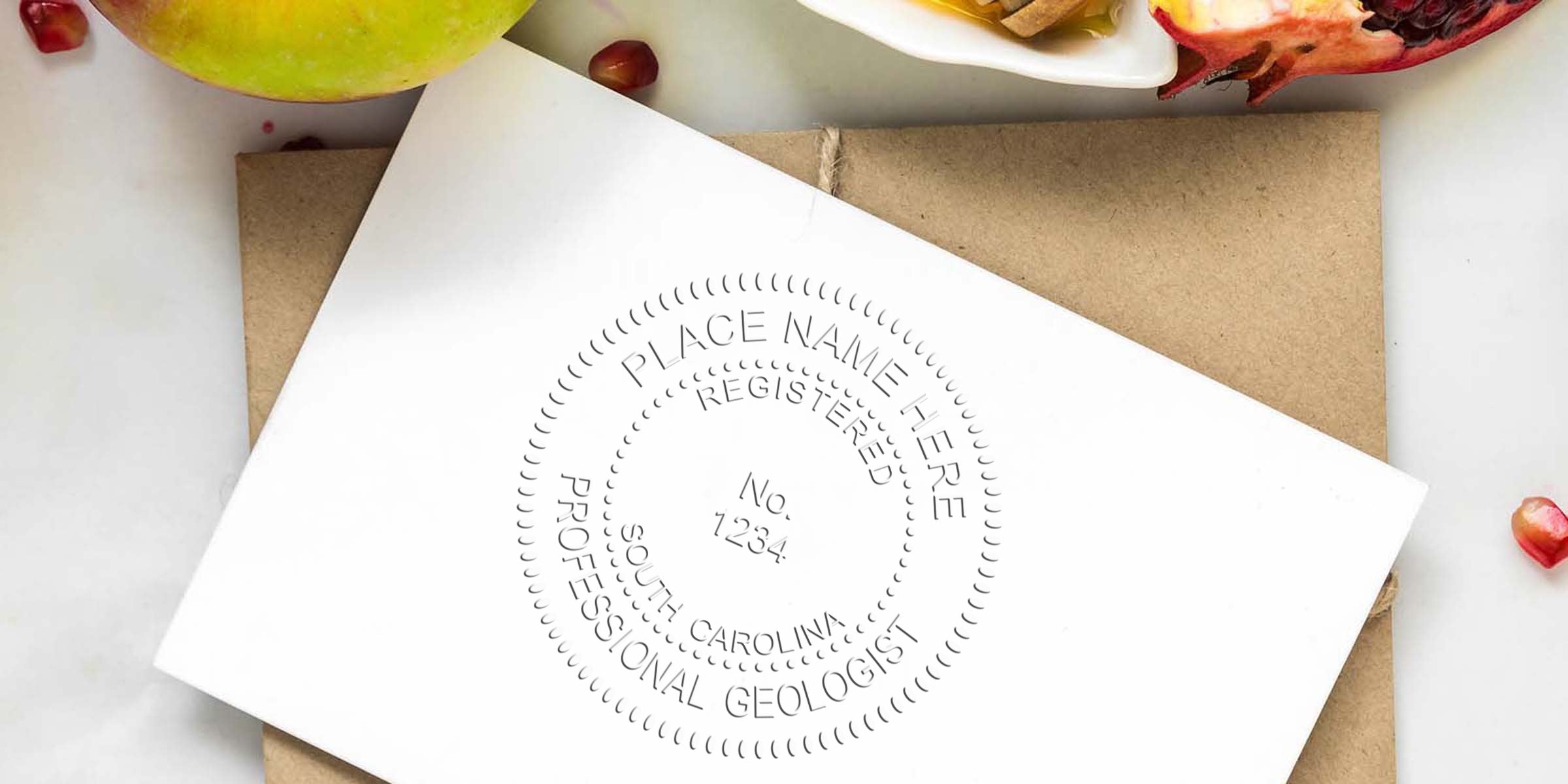 South Carolina geologist stamp on white envelope with natural elements background, showing professional certification seal and stamp requirements.
