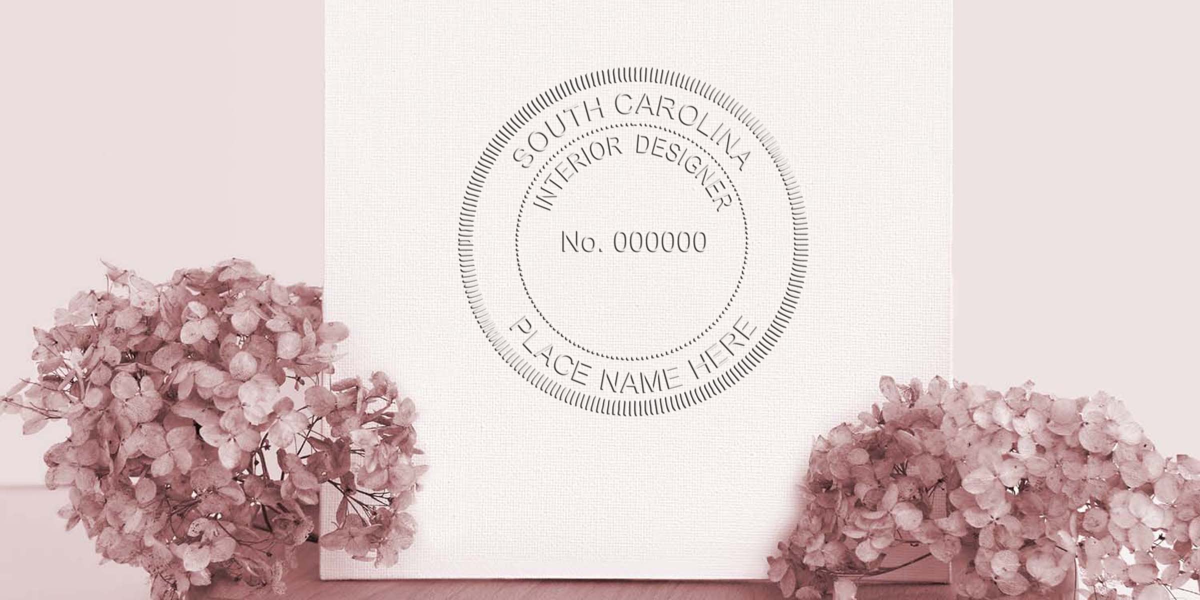 South Carolina interior designer certification seal surrounded by pink hydrangeas on a soft pink background, emphasizing SC interior design regulations and seal requirements.