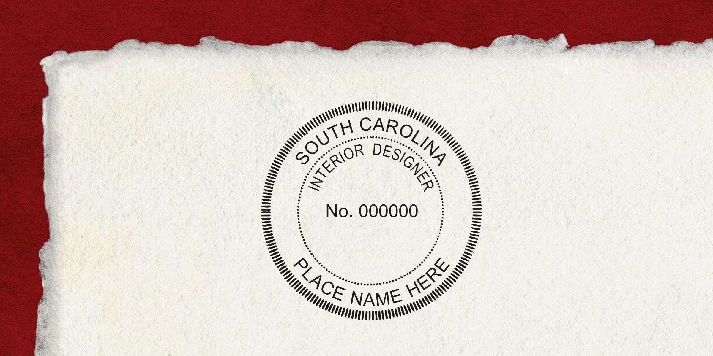 Official South Carolina interior design stamp with Seal Design interiors on textured white paper, set against a red background.