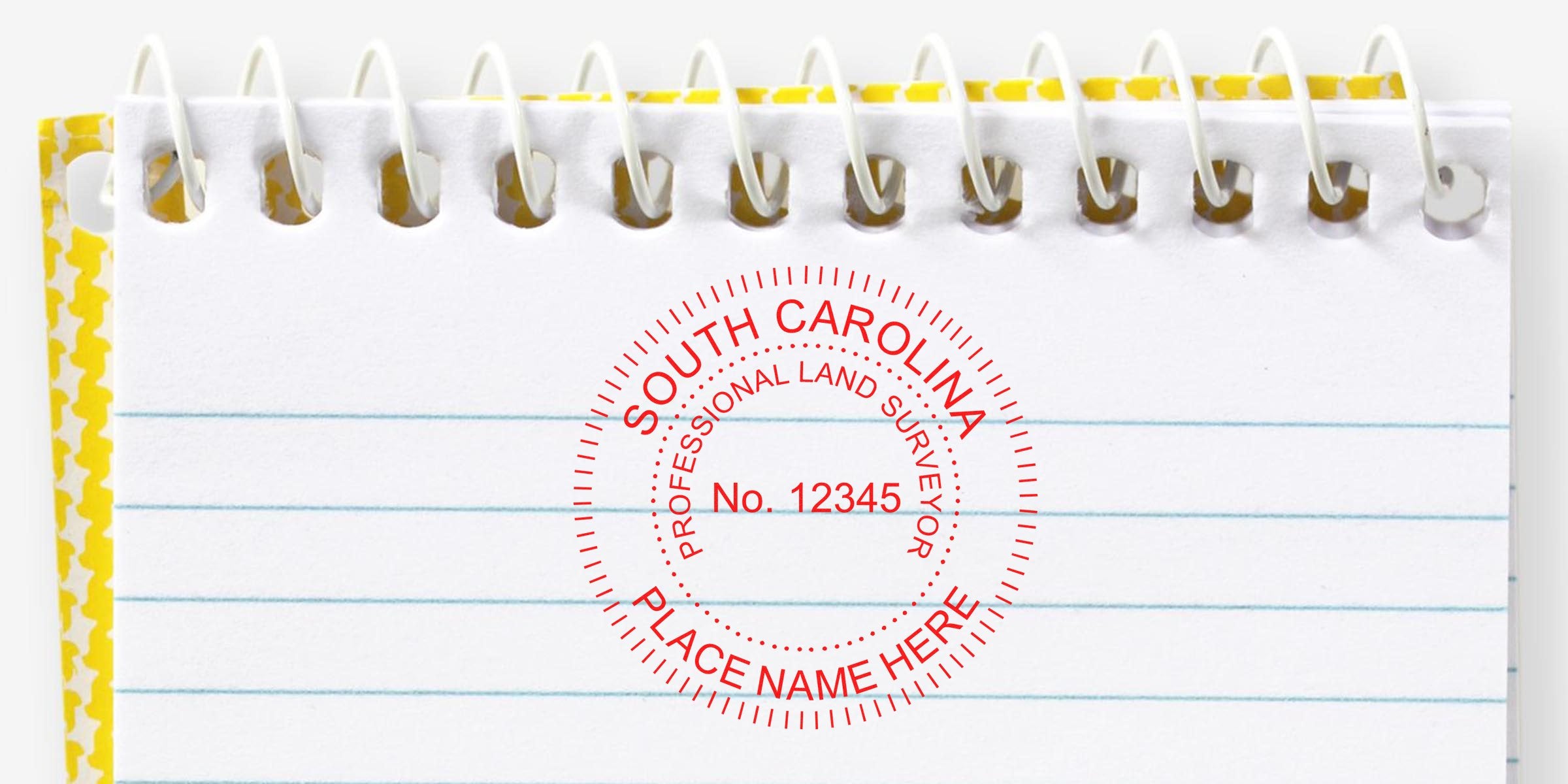 South Carolina land surveyor seal stamped on a spiral notebook page displaying seal specifications.