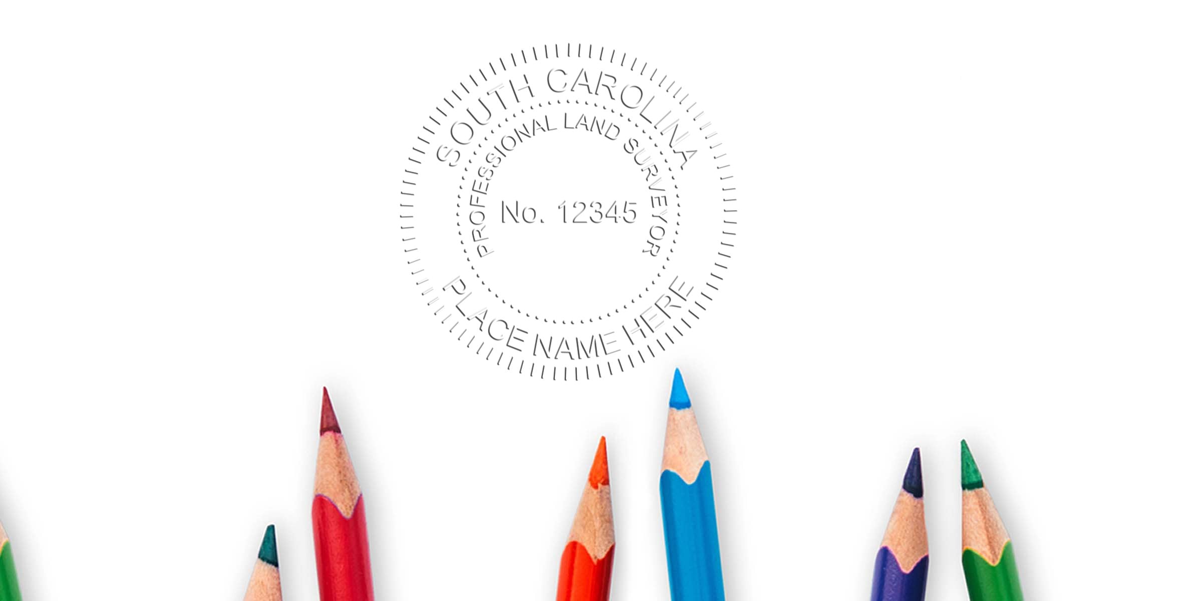 South Carolina land surveyor seal with colorful sharpened pencils on a white background, showing stamp embossing details.