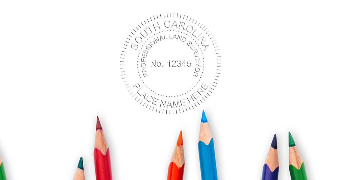 South Carolina land surveyor seal with colorful sharpened pencils on a white background, showing stamp embossing details.