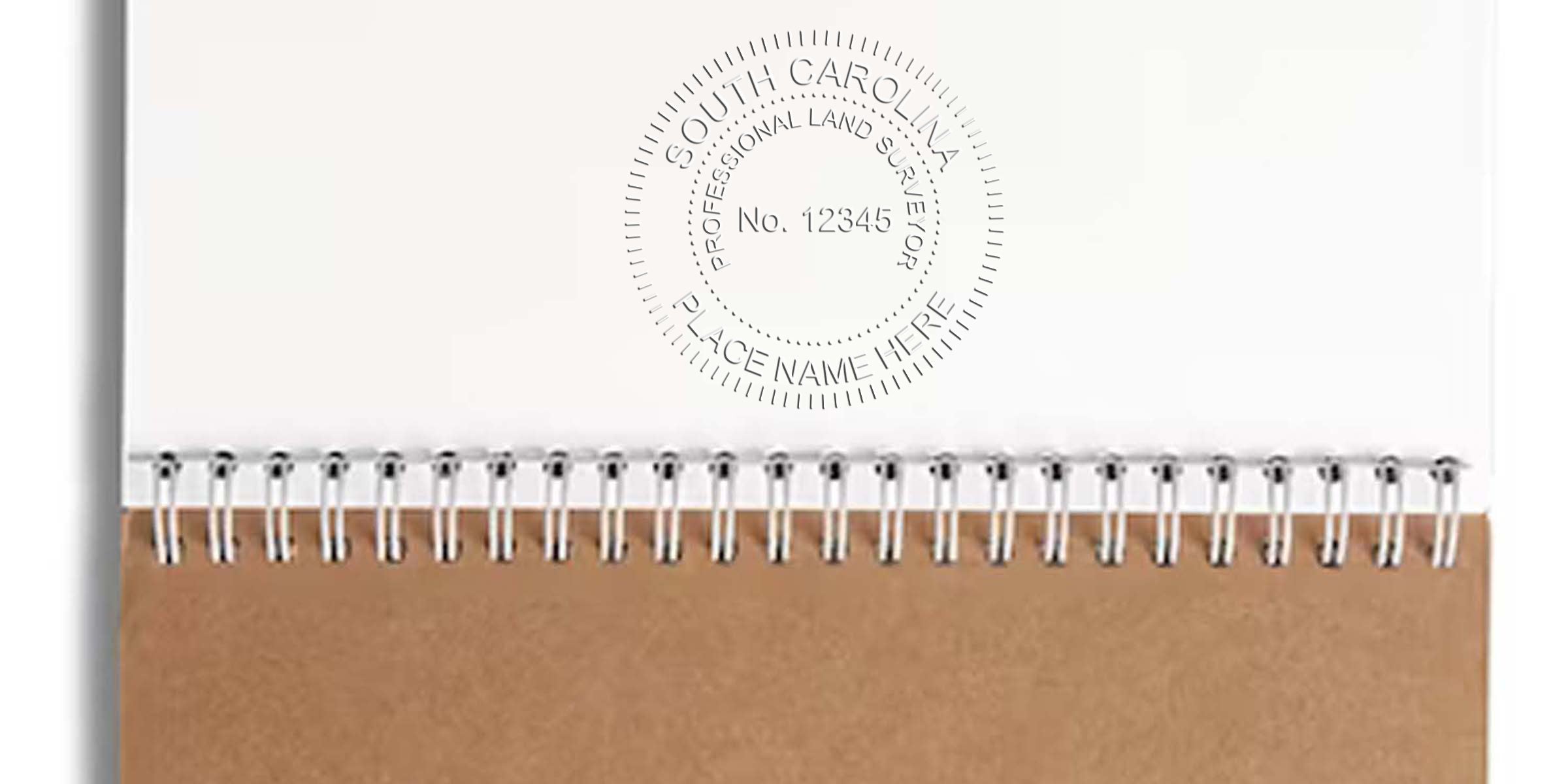 Embossed South Carolina land surveyor seal on a spiral notebook page, symbolizing the land surveyor authentication process.