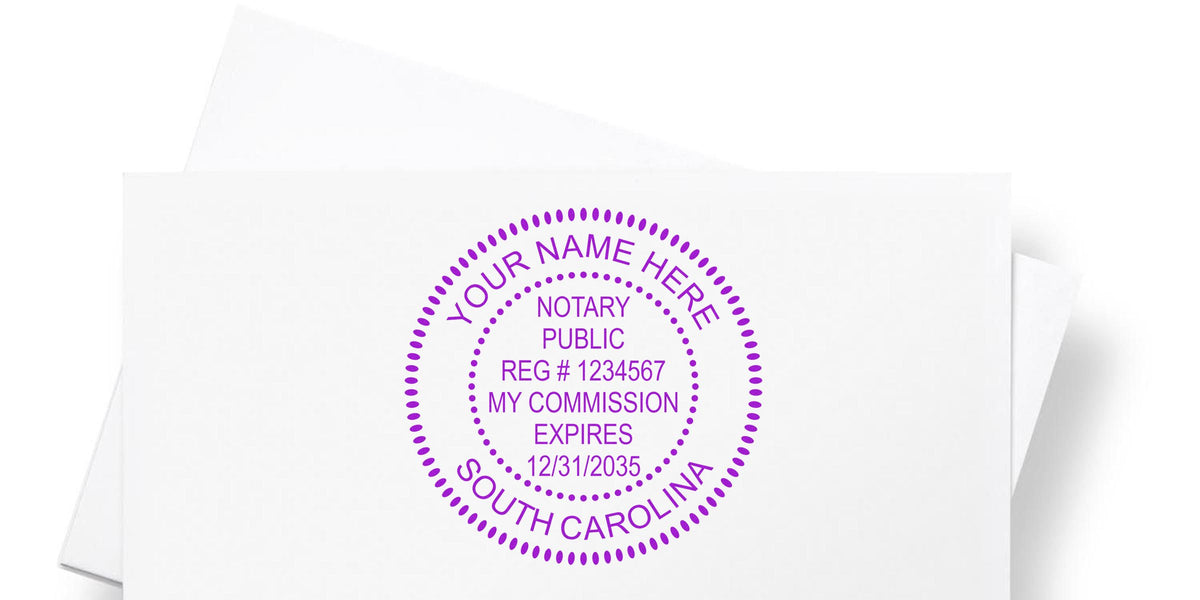 South Carolina notary seal on white paper showing commission expiration date and registration number, following notary public rules.