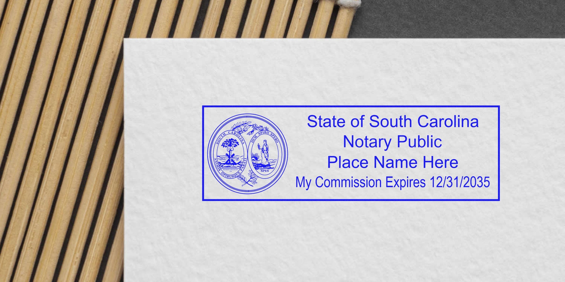 South Carolina notary stamp on white paper with commission expiration date, offering affordable notary tools and supplies.