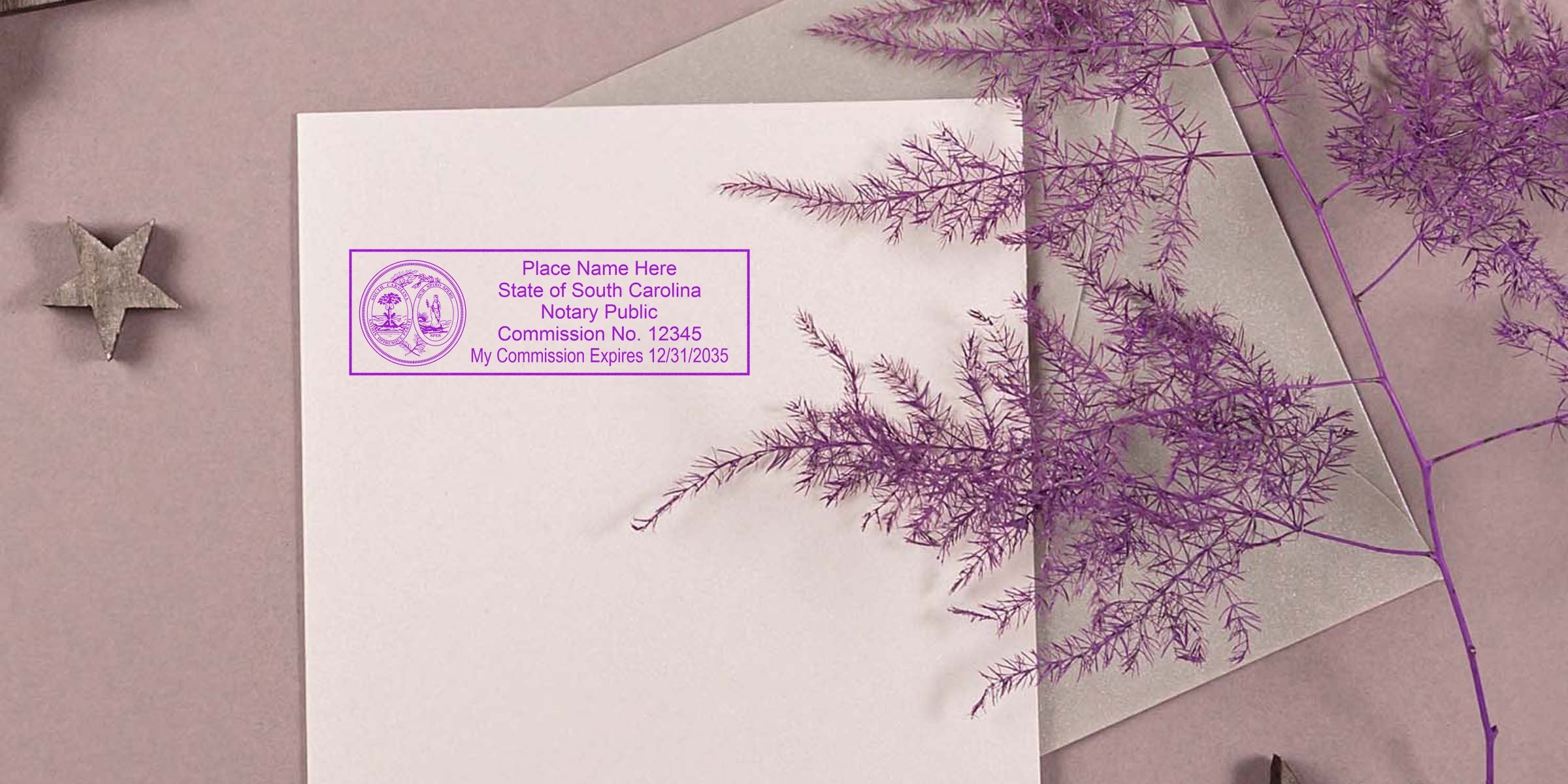 South Carolina notary stamp on white paper with purple plant and star ornament, symbolizing SC notary public and online notary stamp options.