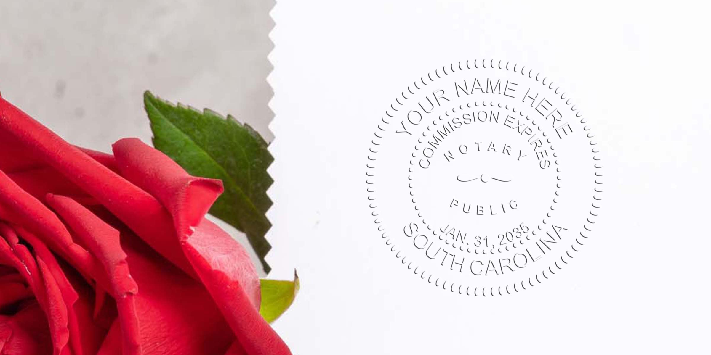 South Carolina notary seal with a red rose and green leaf on a white background, symbolizing a South Carolina notary public.