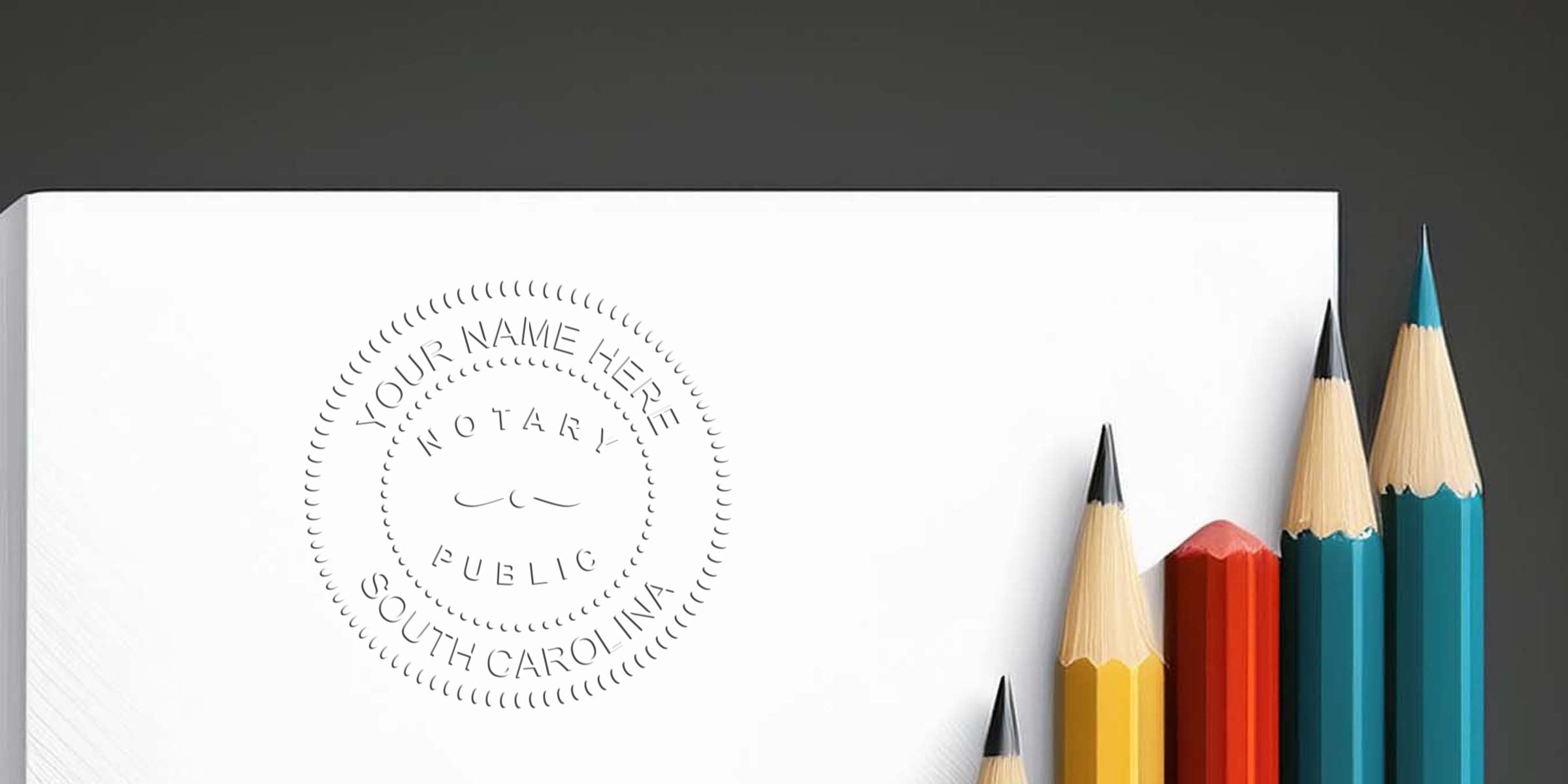 South Carolina notary seal embossed on white paper, shown with colored pencils to illustrate SC notary seal size.