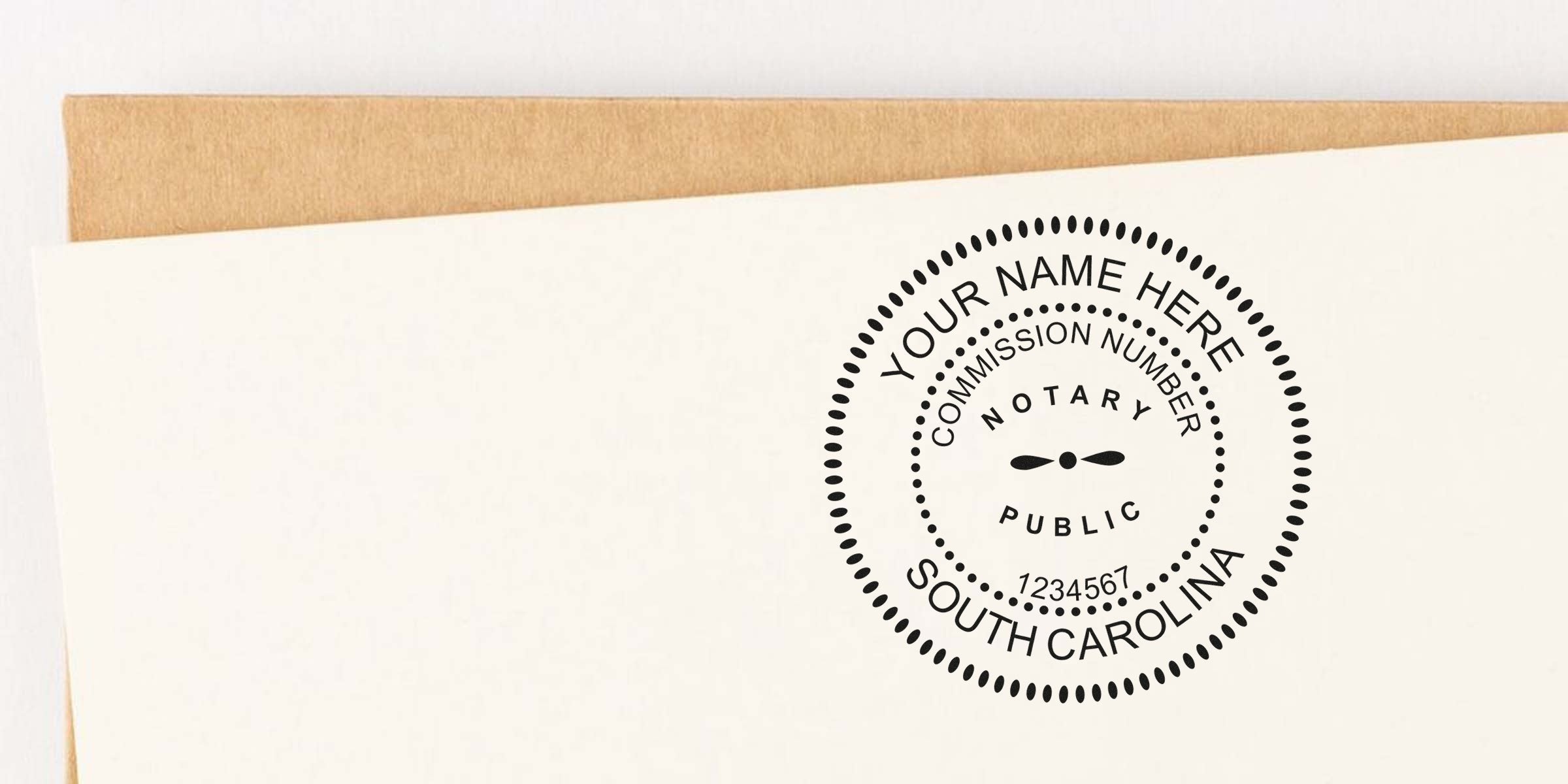 South Carolina notary stamp with commission number on white paper, set against a brown envelope background.
