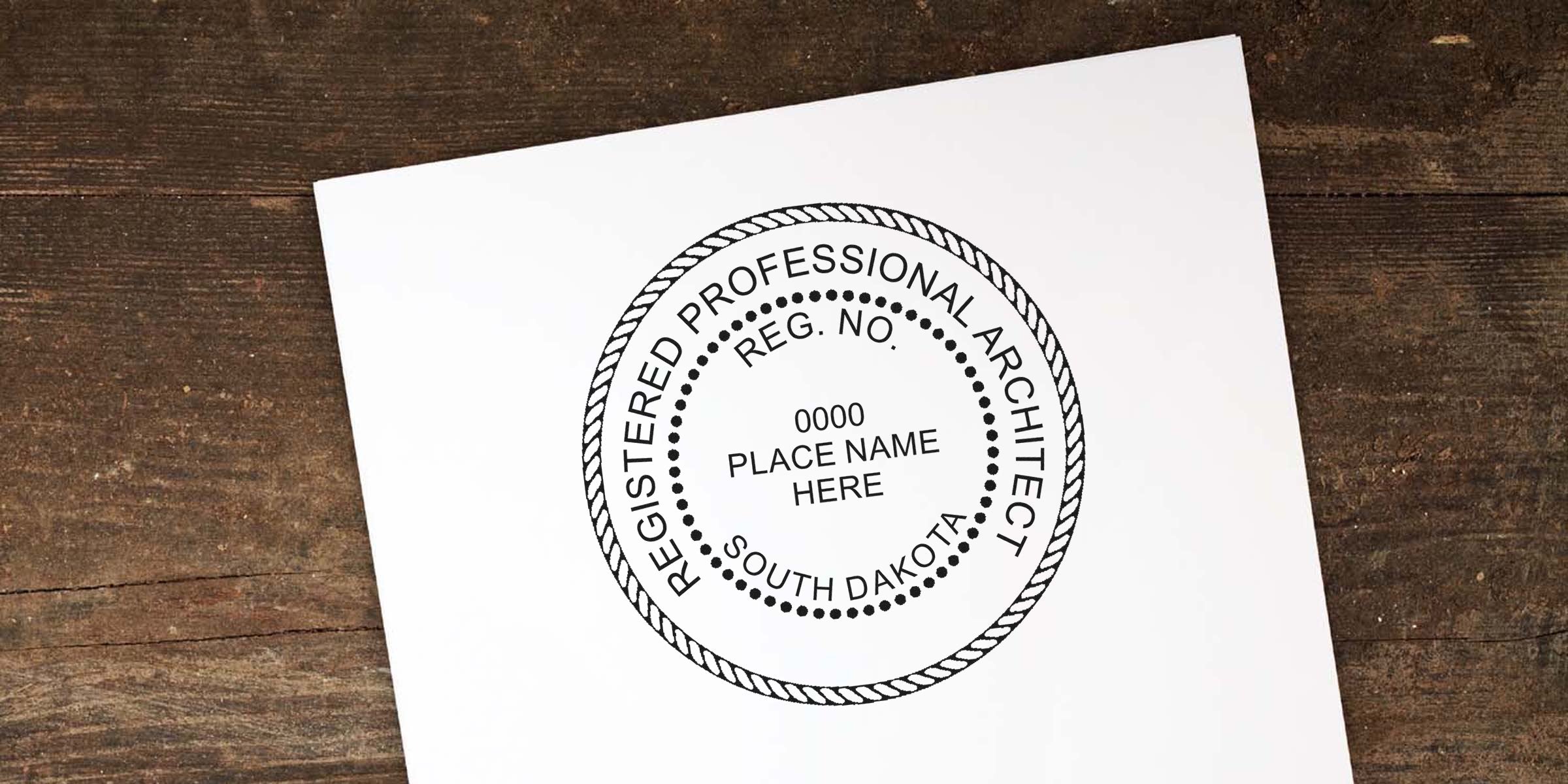 Registered architect stamp on wood with South Dakota architectural seals, meeting all South Dakota seal requirements.