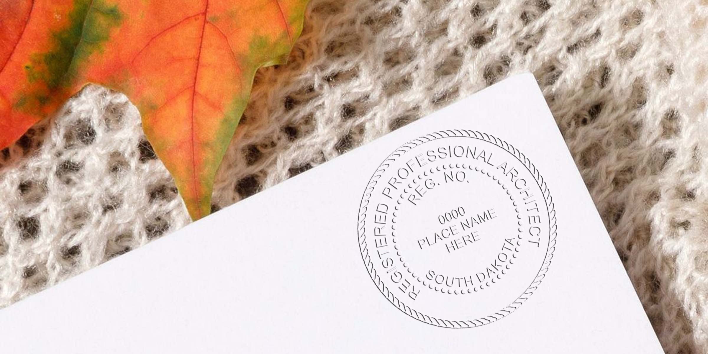 Registered architect stamp on white paper with autumn leaf and knitted fabric background, highlighting South Dakota architect seal cost and pricing.