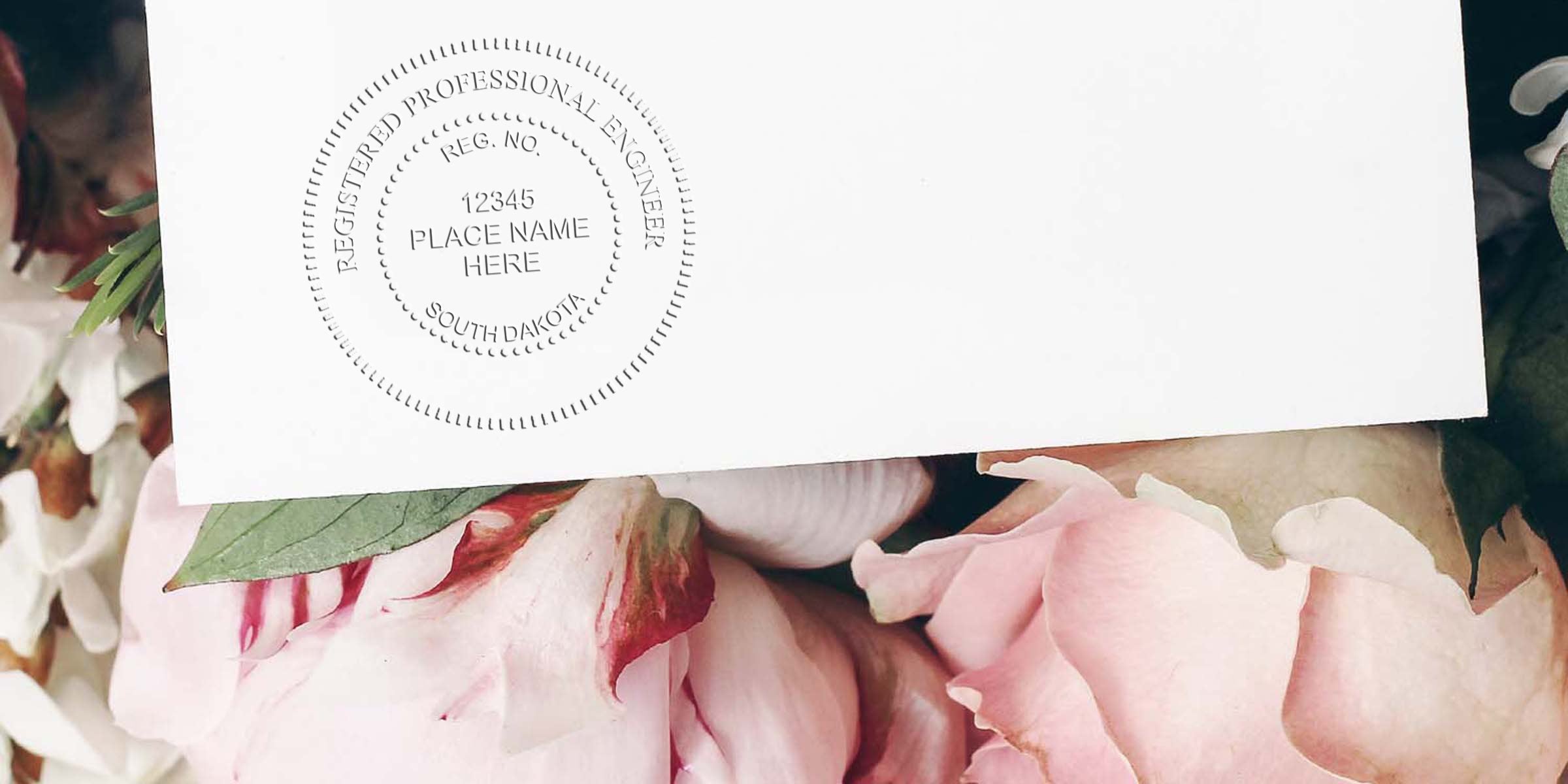 South Dakota engineer seal embossed on white paper with pink flowers, highlighting embosser essentials.