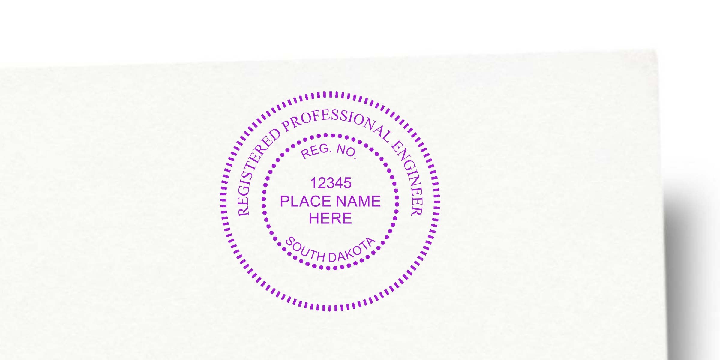 South Dakota engineer stamp in purple ink on white paper, showing registered professional engineer number and location; purchase engineer stamp SD.