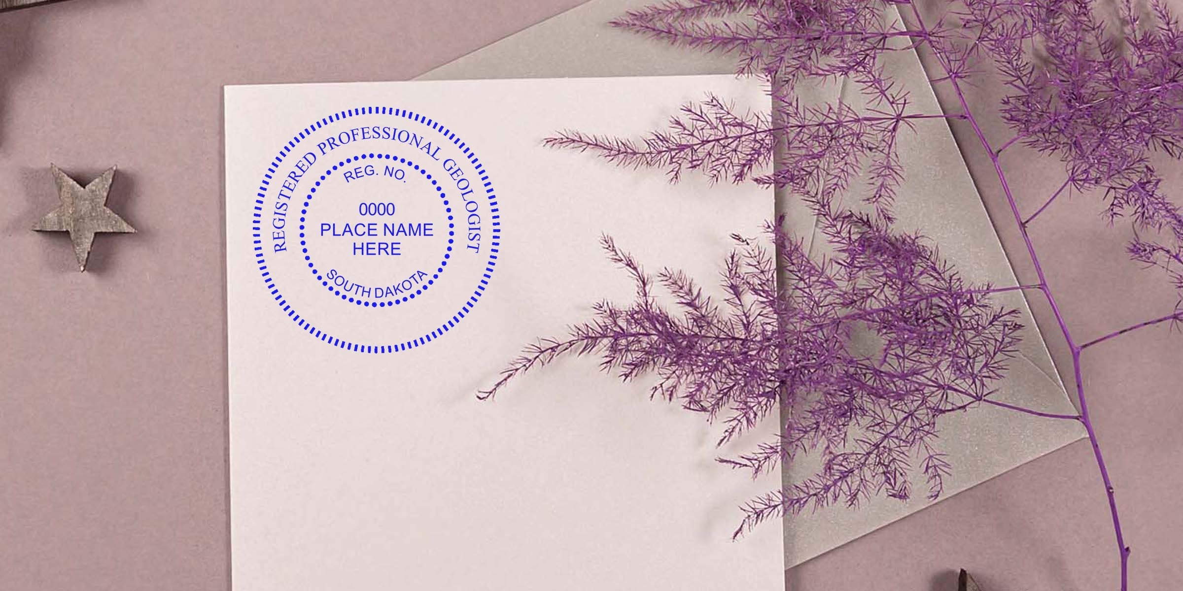 South Dakota Professional Geologist Seal on white paper with a purple plant and star design, illustrating the Geologist Seal Application Process.