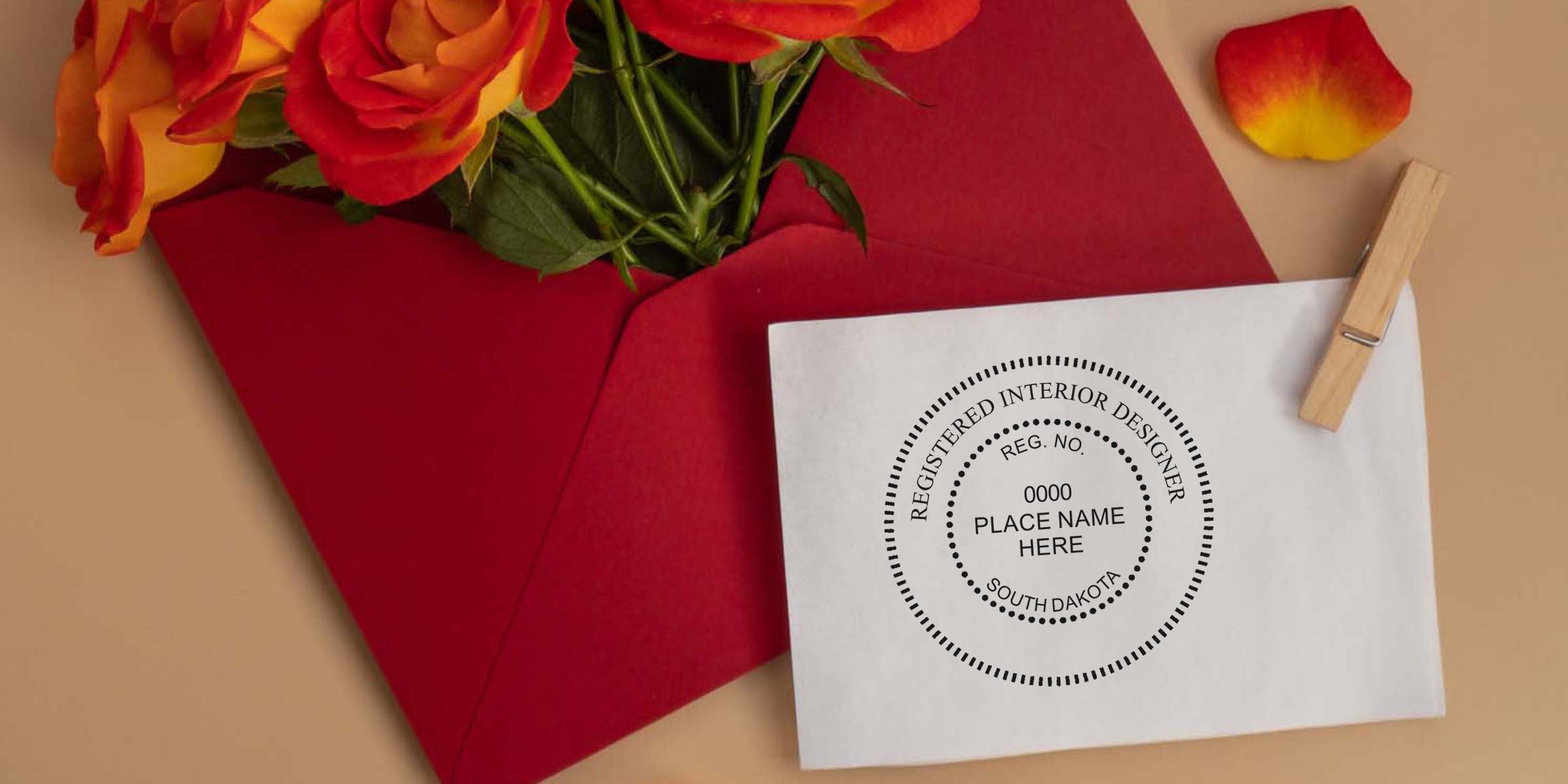 Red envelope with orange roses and a registered interior designer stamp on white paper, held by a wooden clip, featuring South Dakota embossing tools and design techniques for a creative floral gift idea.