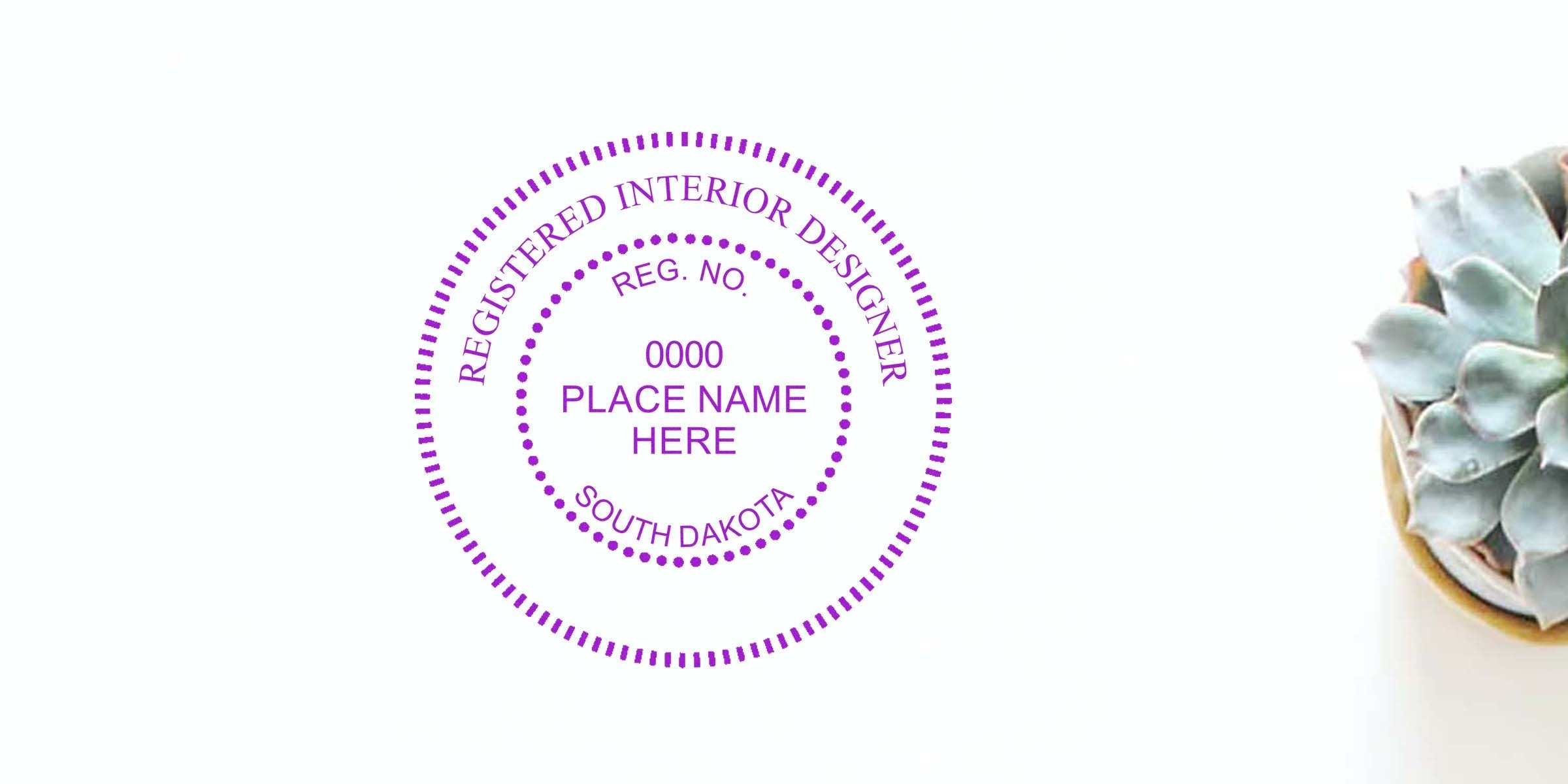 Registered interior designer stamp South Dakota with succulent plant on white background, highlighting SD interior designer stamp cost and fees.