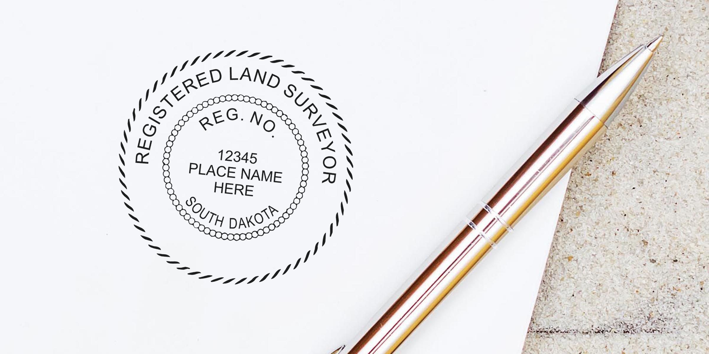 Registered land surveyor stamp and pen on white paper, illustrating South Dakota land surveyor stamp laws and regulations.