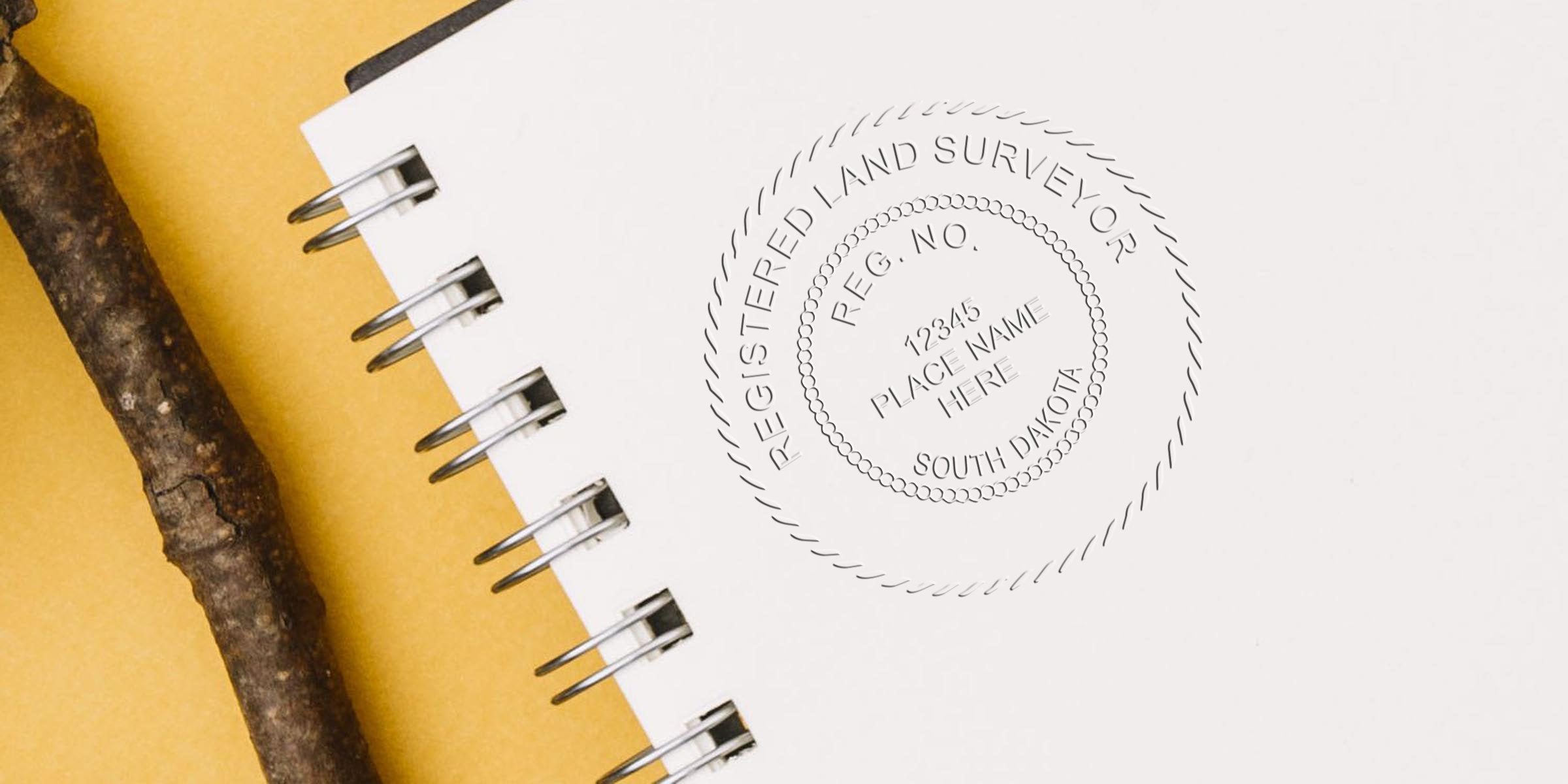 South Dakota land surveyor seal embossed on a white spiral notebook with a wooden stick on a yellow background, emphasizing land surveyor seal rules.