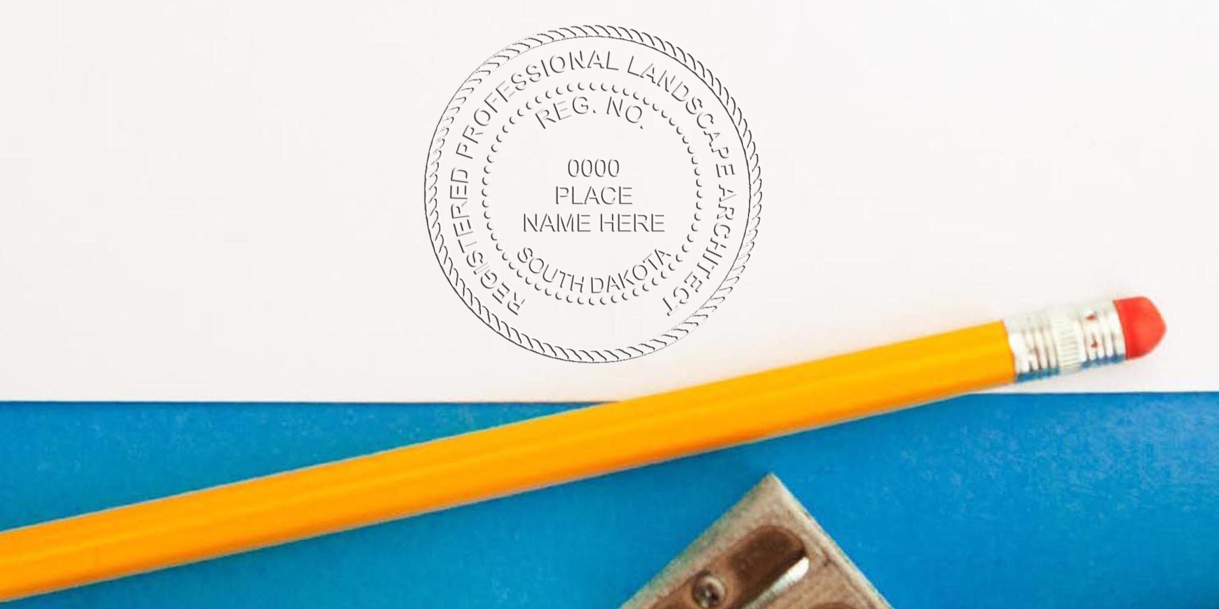 South Dakota landscape architect seal with a registered professional emblem, pencil, and sharpener on blue and white, per the official design guide.