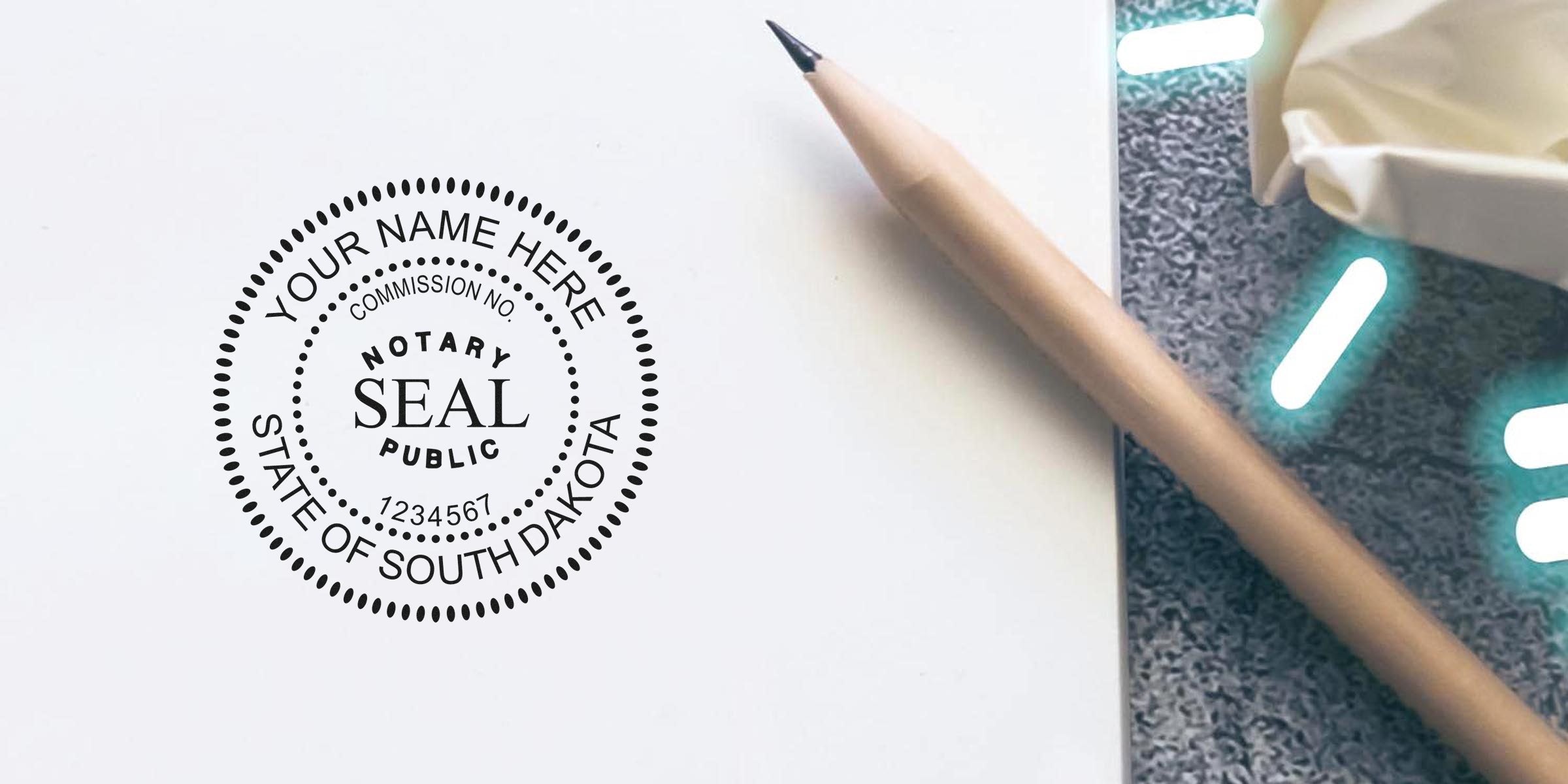 South Dakota notary seal stamp with pencil and paper, essential supplies and tools for professional notaries.