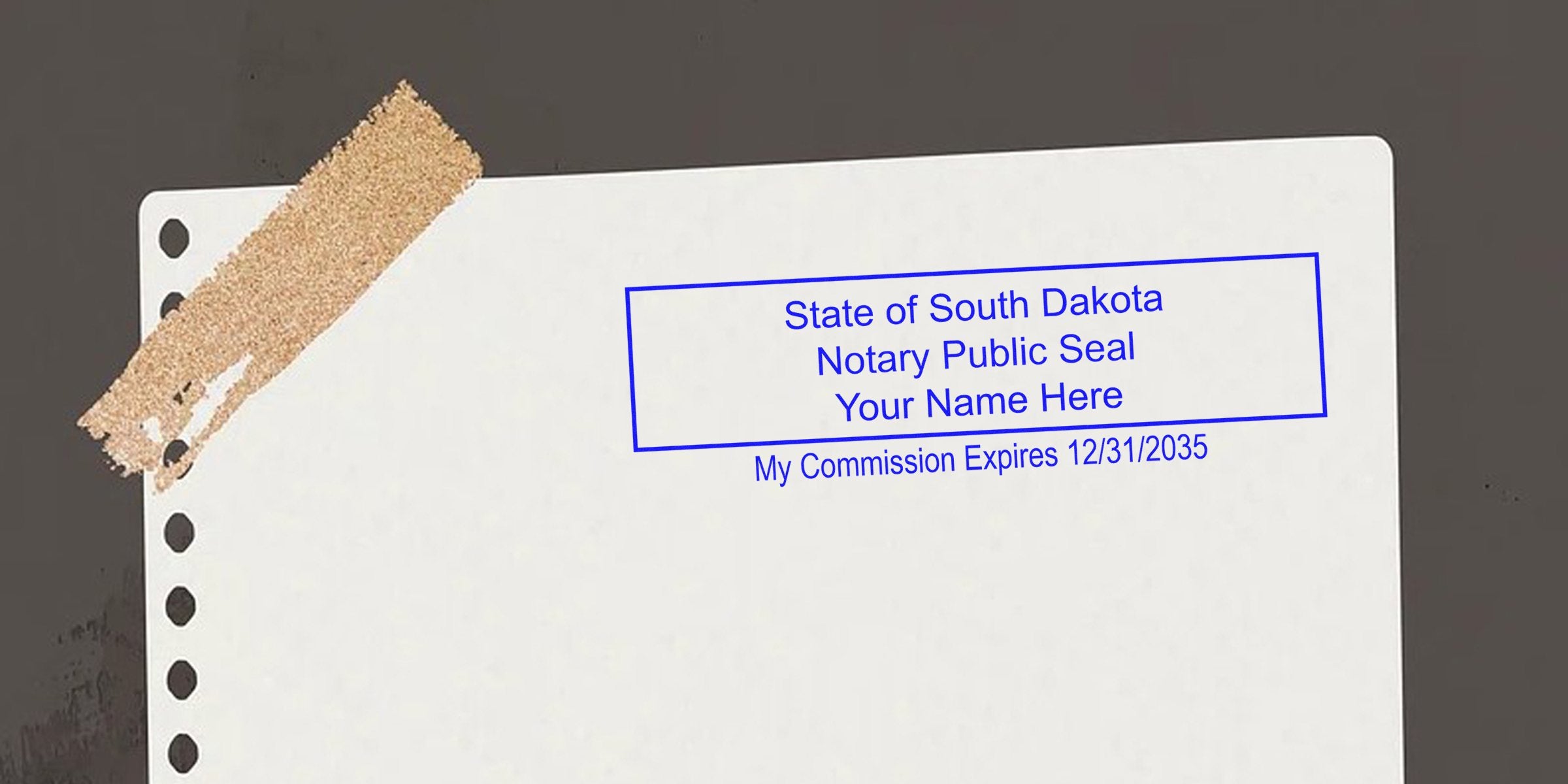 South Dakota notary seal stamp on white paper showing commission expiration date, complying with South Dakota notary seal requirements.