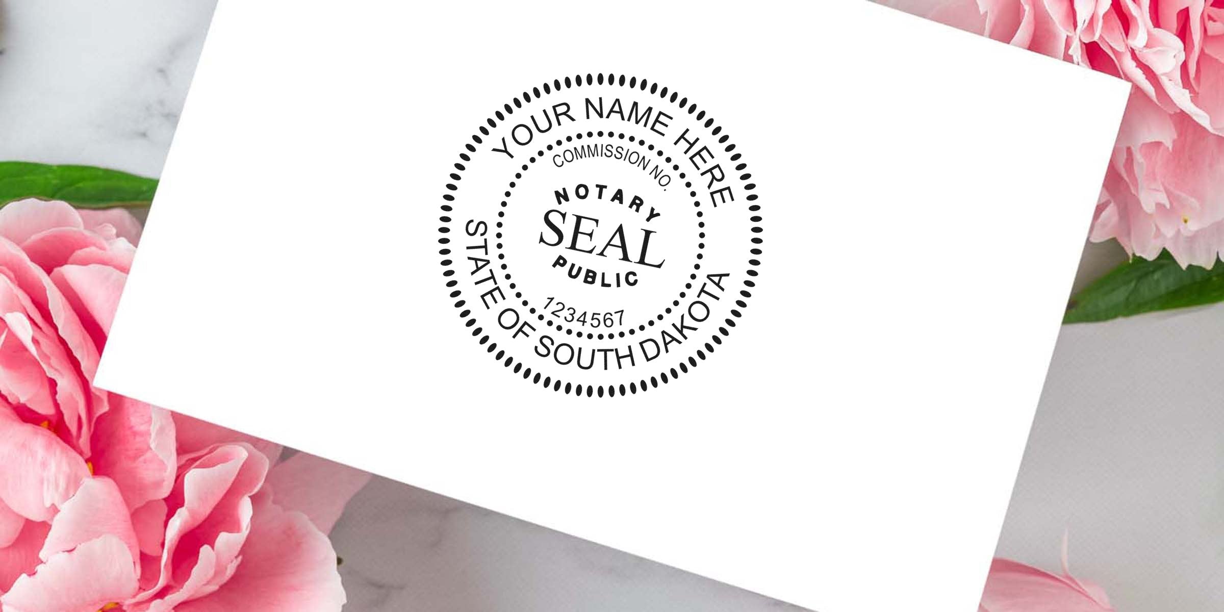 South Dakota notary stamp on white paper with pink flower background, featuring South Dakota notary seal and seal tips.