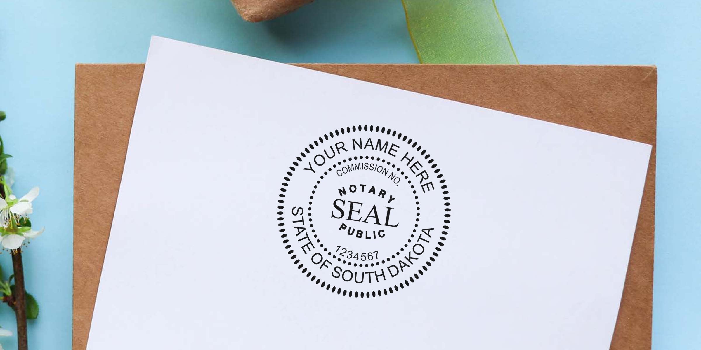 South Dakota notary seal stamp on white paper with a brown envelope, showing the South Dakota notary public commission design.