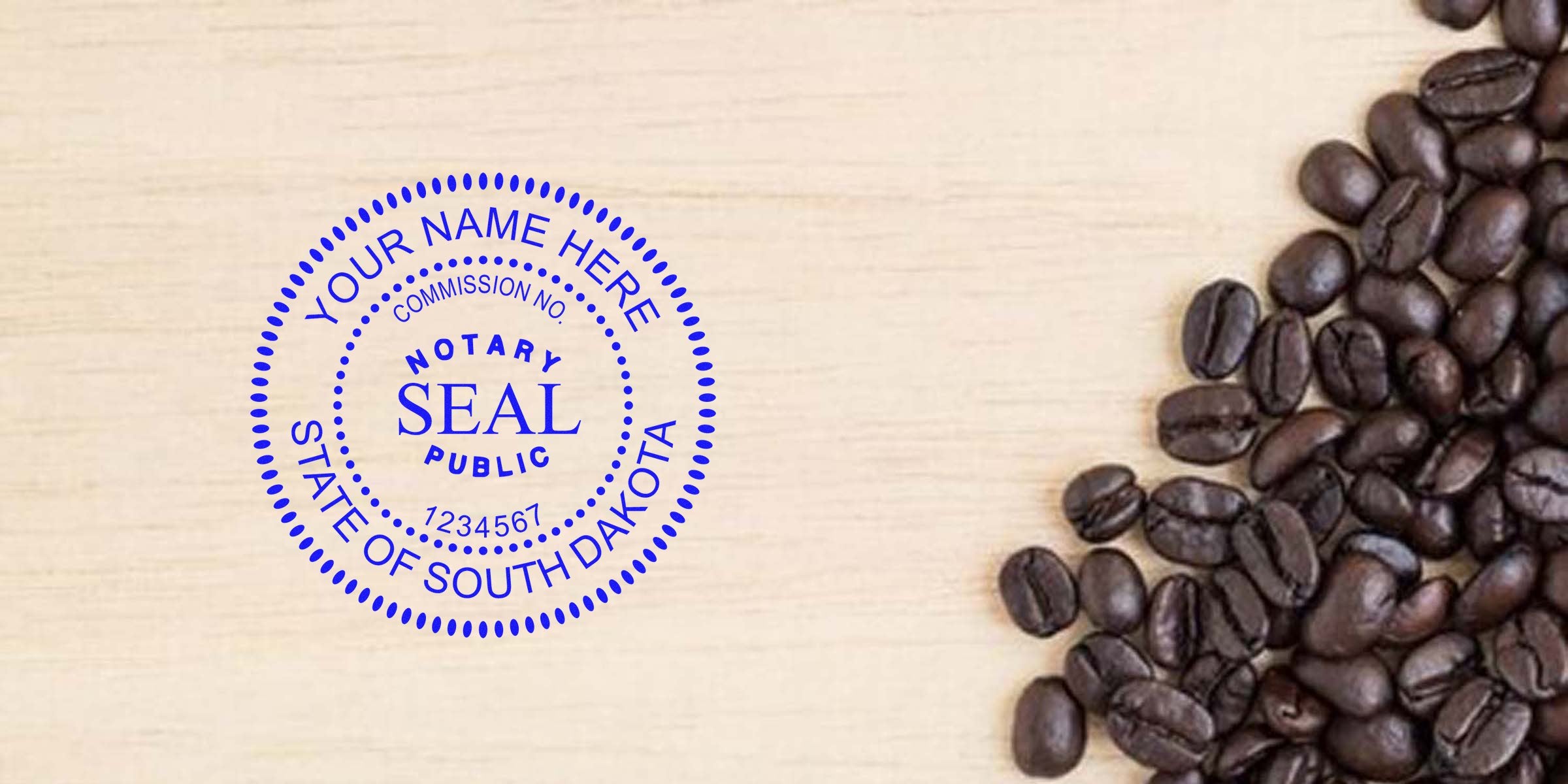 Notary seal stamp on wood with coffee beans, showing South Dakota notary public commission seal, highlighting reliable SD notary supplies and essential tools.