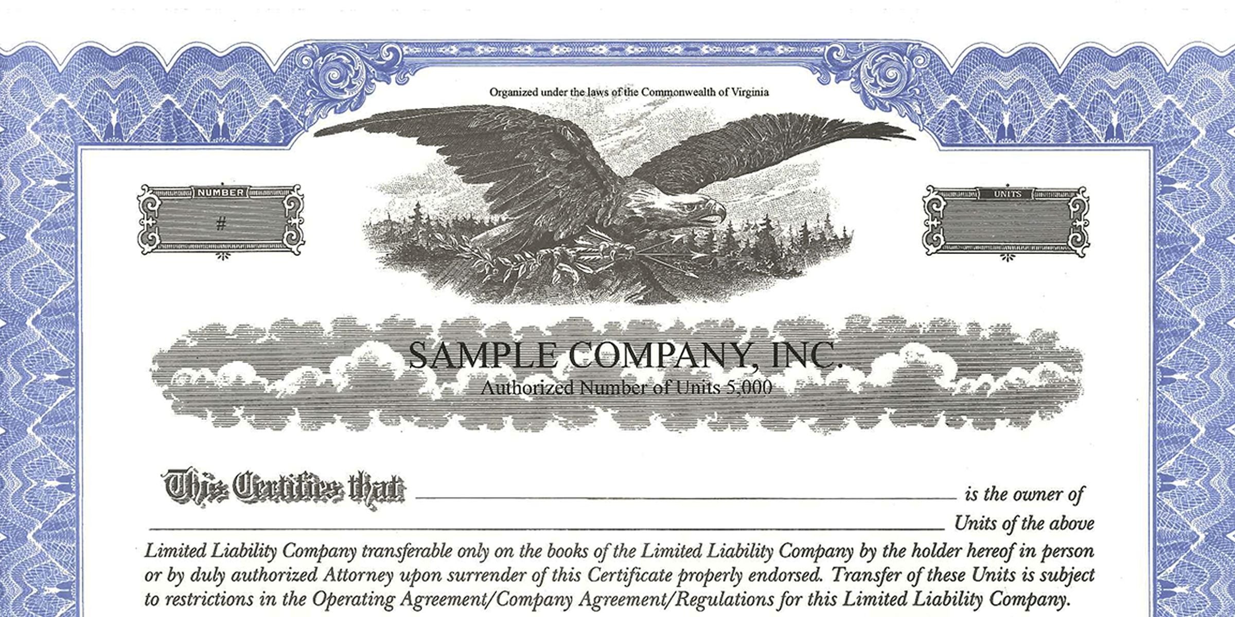 Ornate sample limited liability company certificate with blue security border, eagle engraving, and text for Sample Company, Inc. authorized for 5,000 units under Virginia law
