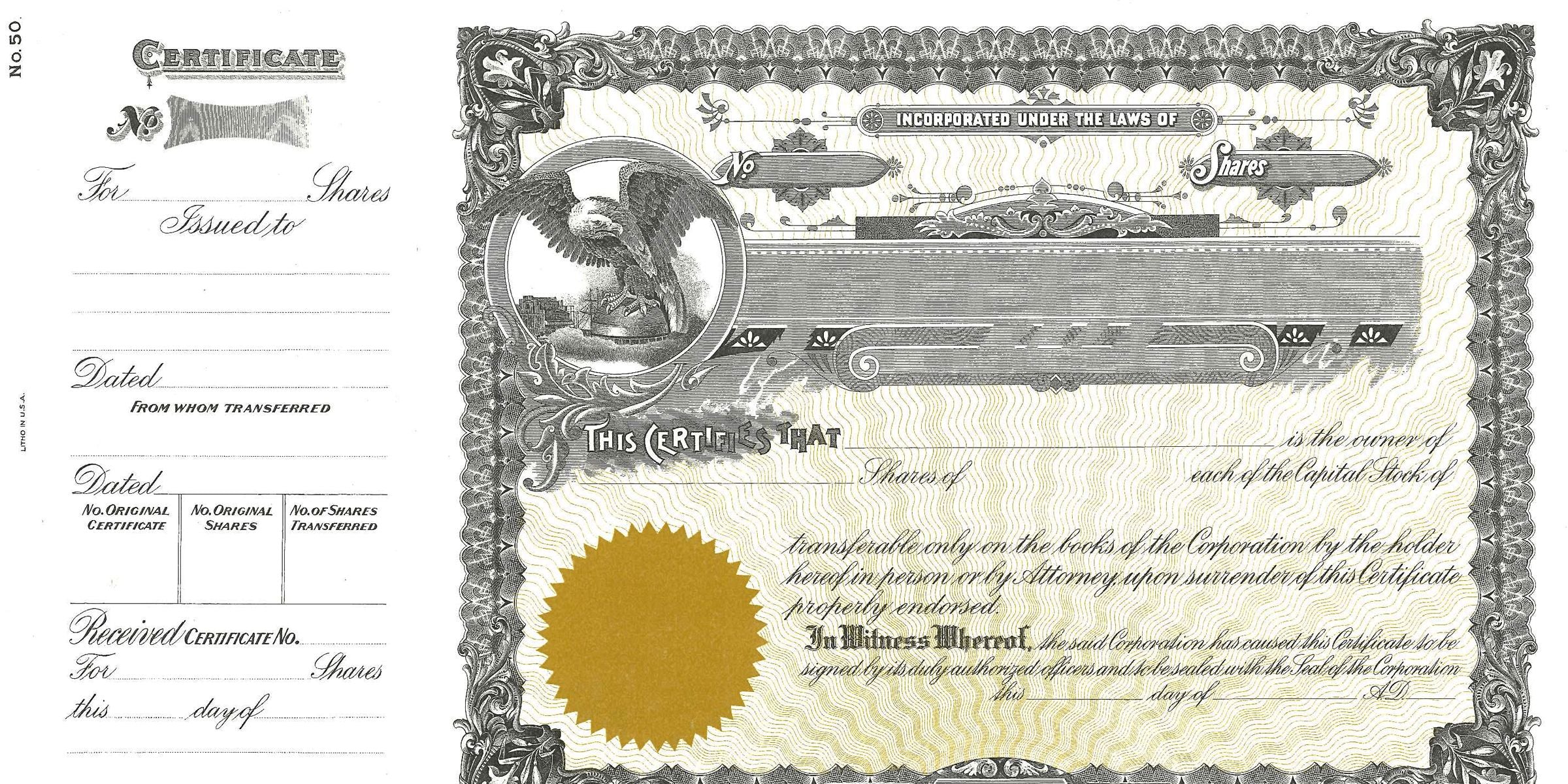 Vintage ornate stock certificate template with decorative border, eagle emblem, gold seal, and blank fields for shares, issuer, and transfer details
