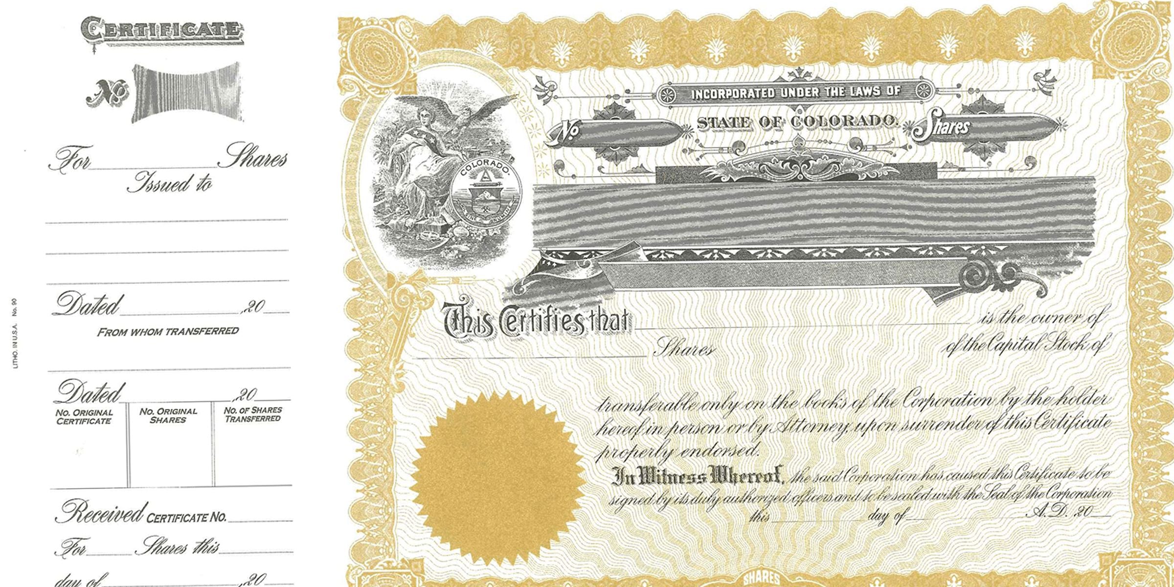 Vintage State of Colorado stock certificate with ornate gold border, engraved seal, and blank transfer fields for shares transfer documentation