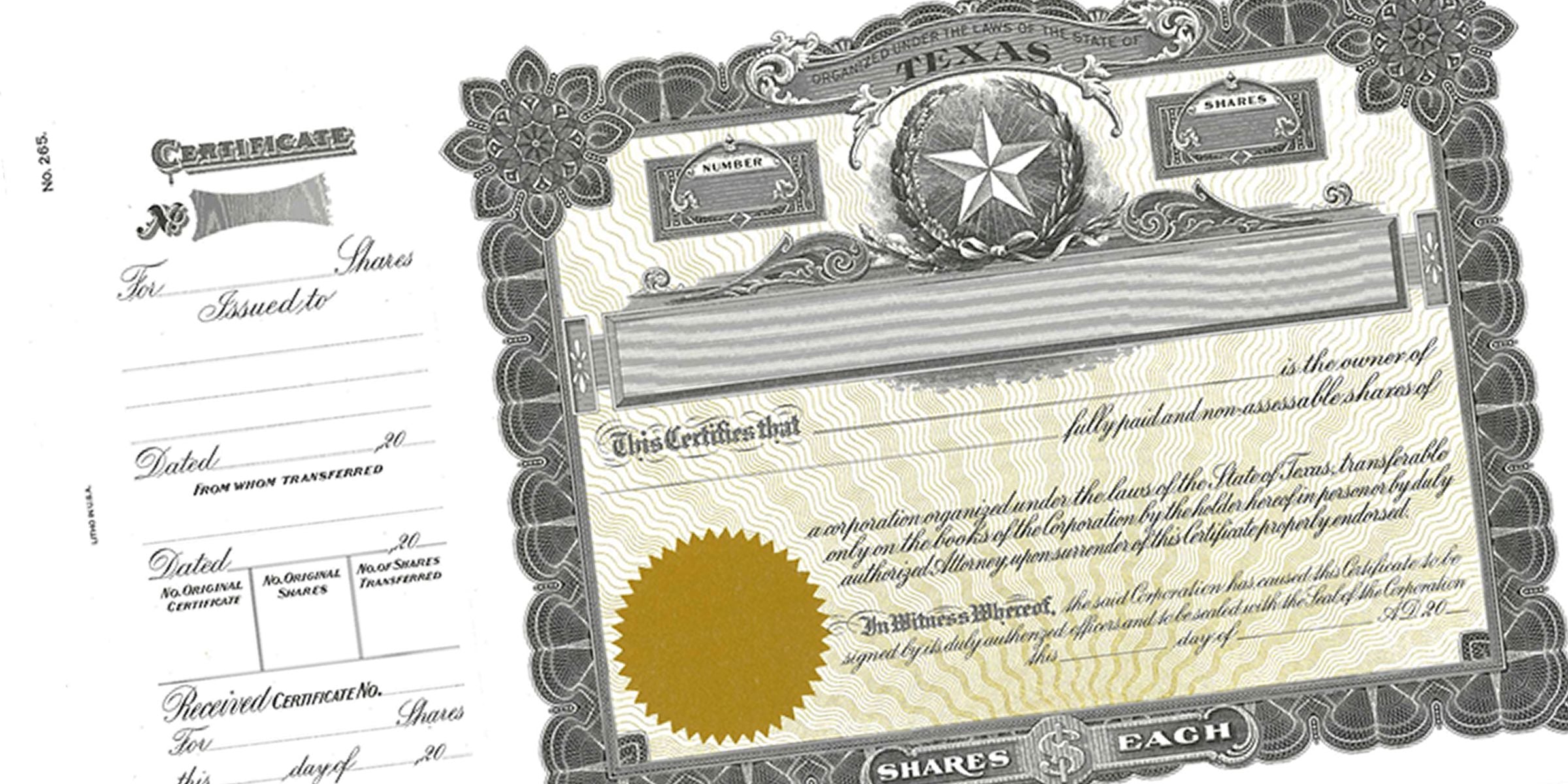 Vintage Texas stock certificate template with ornate decorative border, star emblem, blank shares fields, and transfer section fields