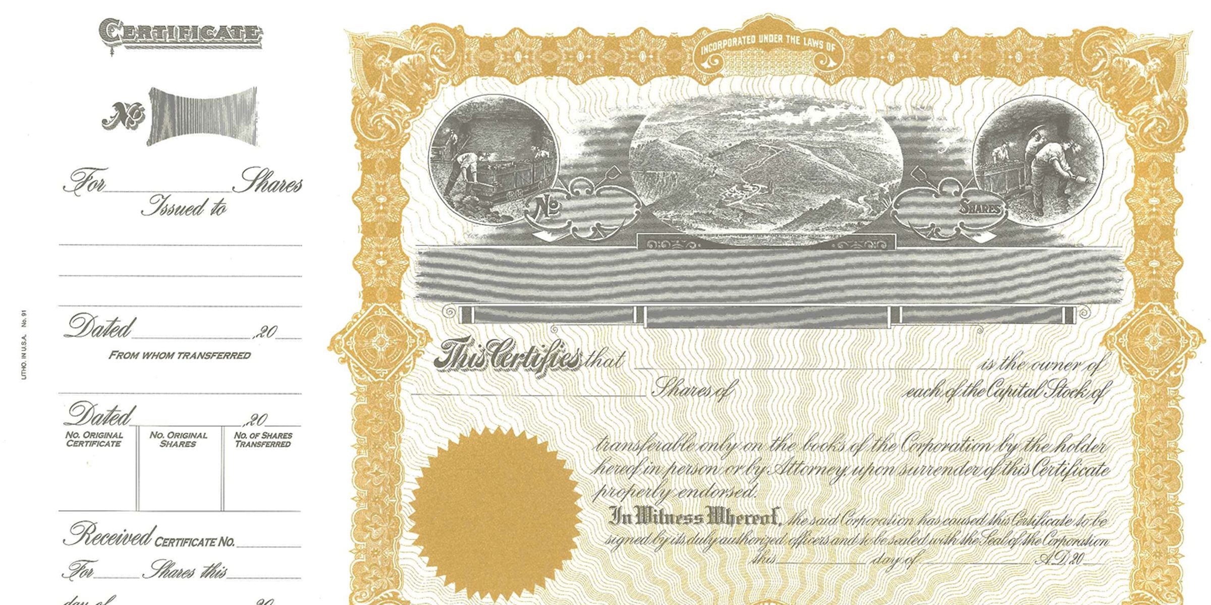 Vintage stock certificate with ornate gold border, embossed seal, and blank fields for shares, dated transfer, and corporation details, featuring historical mining illustrations and decorative engraving design