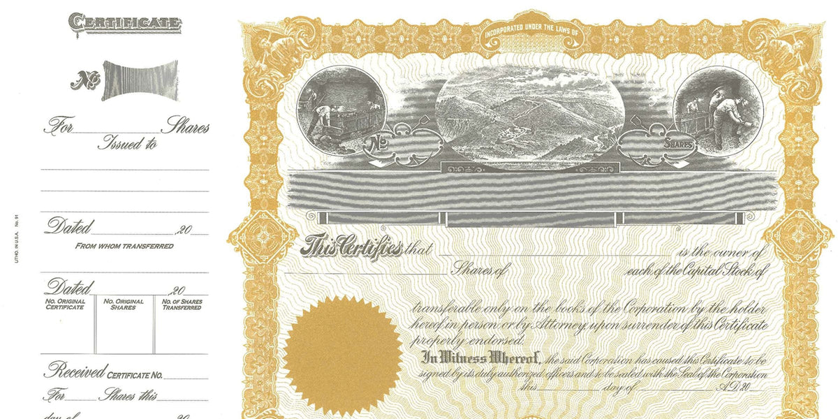 Vintage stock certificate with ornate gold border, embossed seal, and blank fields for shares, dated transfer, and corporation details, featuring historical mining illustrations and decorative engraving design