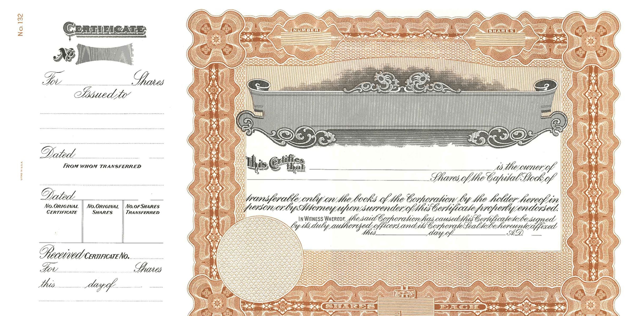 Vintage stock certificate template with ornate orange border, blank share fields, and decorative legal text on an antique corporate share certificate document