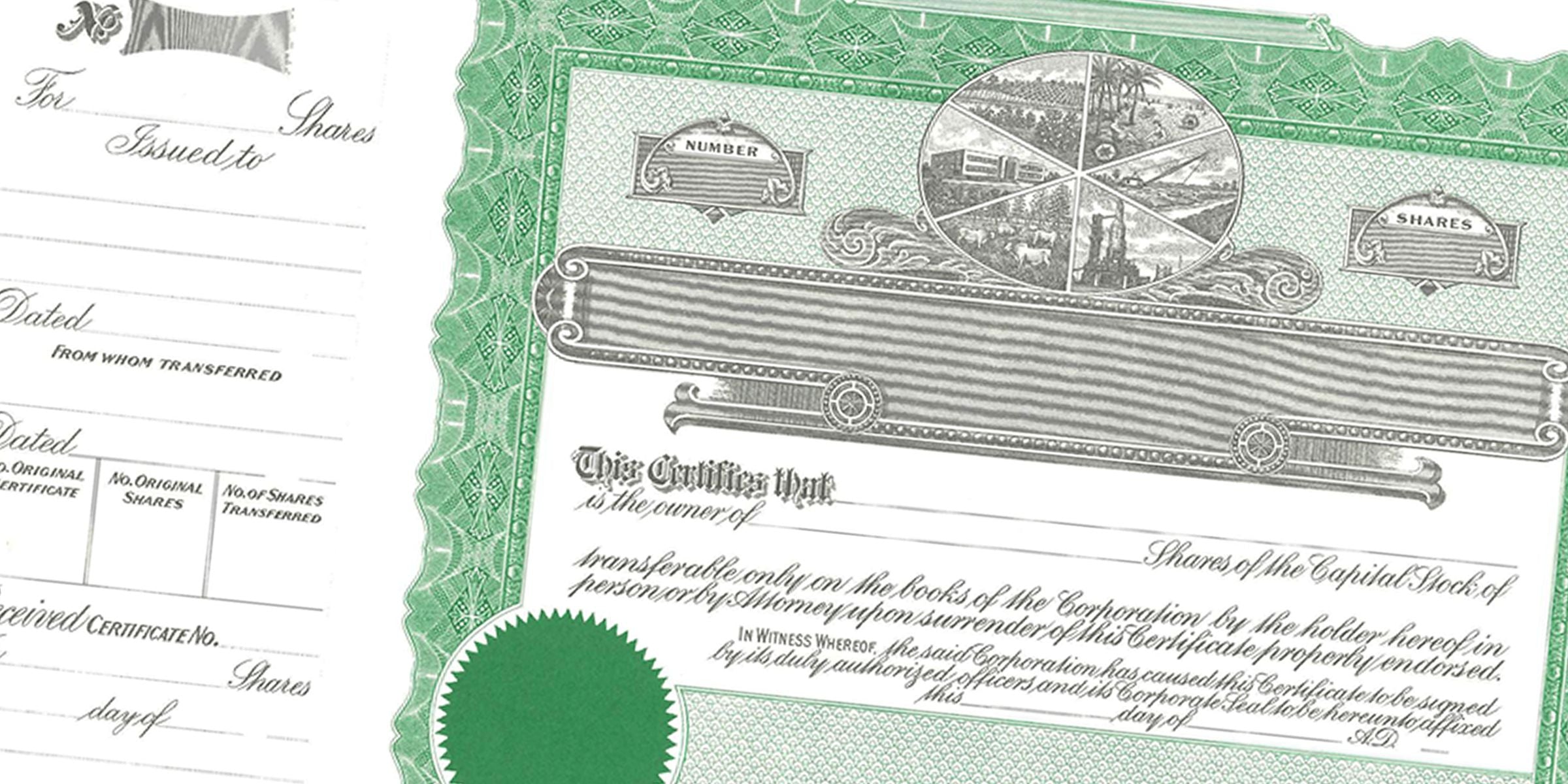 Vintage green and white stock certificate with ornate border, blank share fields, and decorative seal, featuring a classic historical corporate investment document design