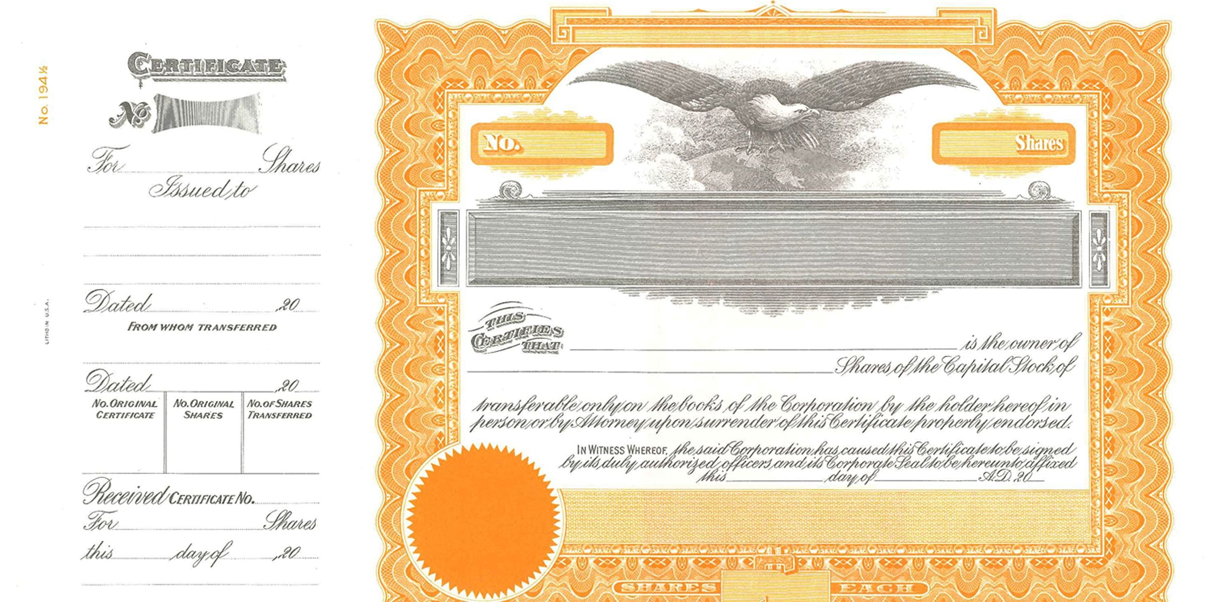 Vintage stock certificate template with ornate orange border, eagle illustration, and blank fields for shares, owner name, transfer details, and certificate number
