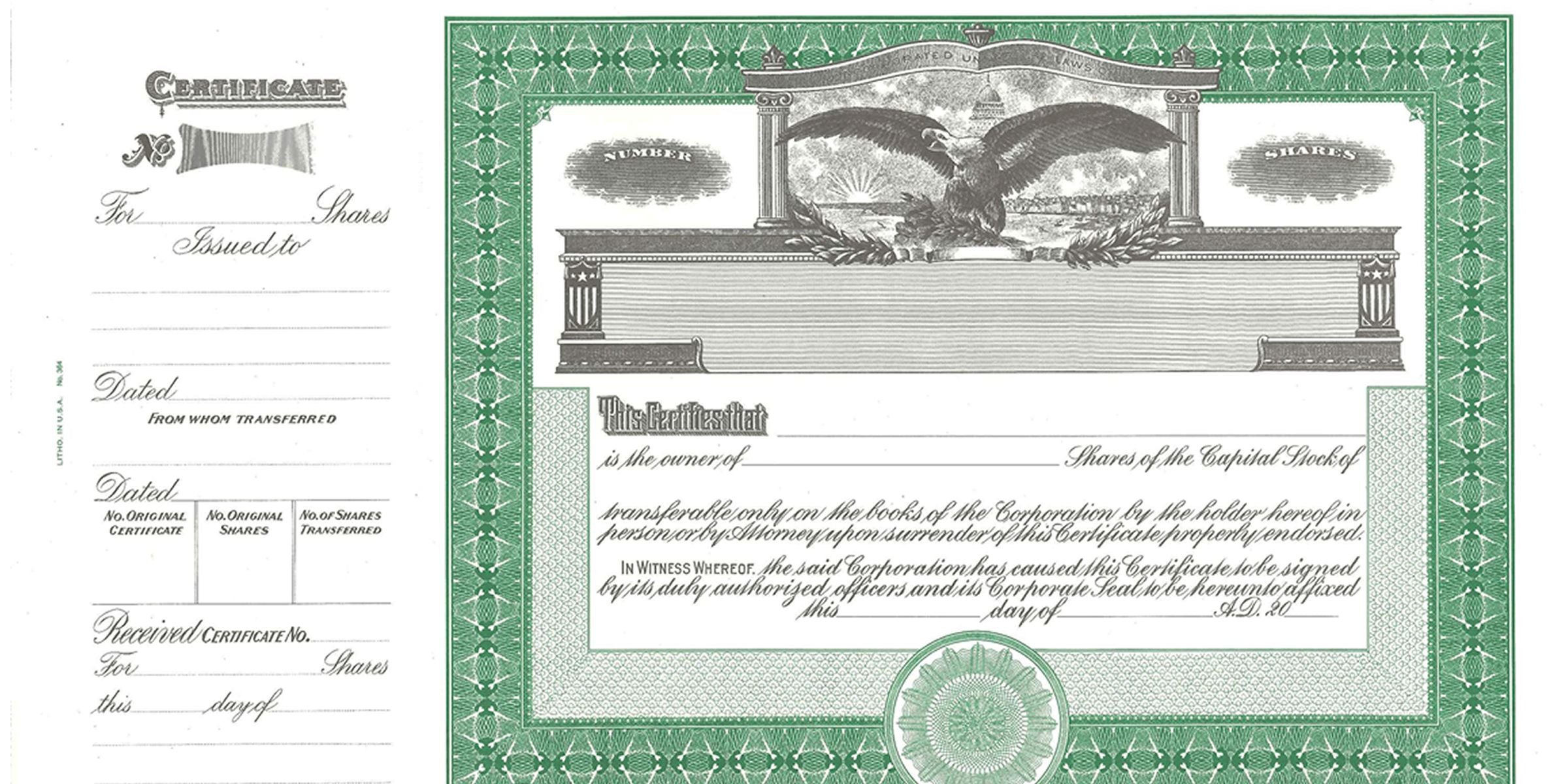 Vintage green stock certificate with eagle emblem, ornate border, and blank share fields on a classic corporate share certificate template