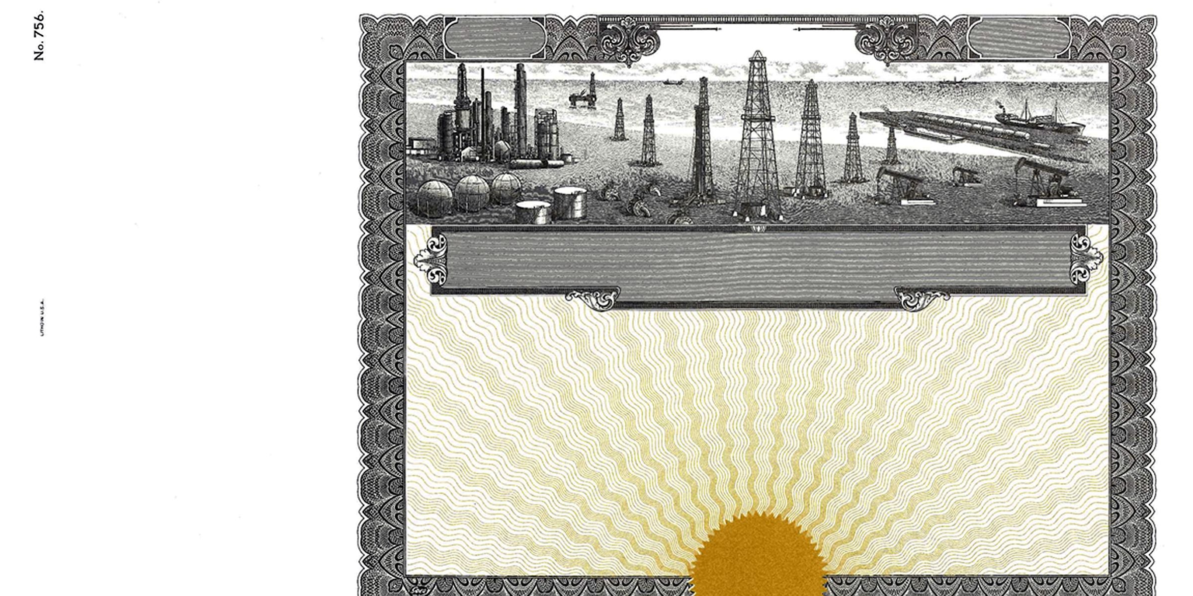Ornate vintage certificate border featuring offshore oil rigs, refinery towers, and petroleum drilling platforms above a blank decorative gold sunburst panel