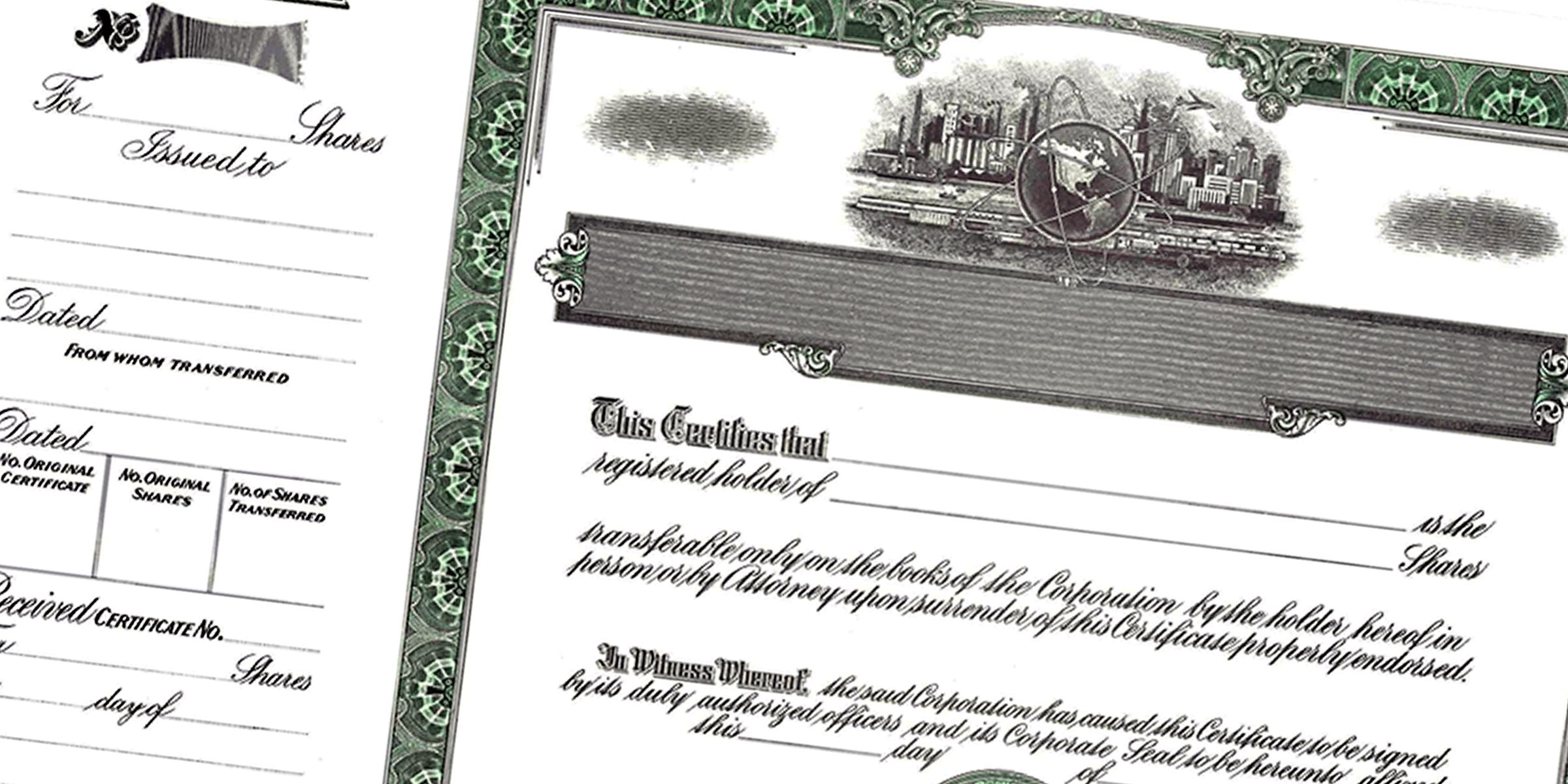 Vintage stock certificate with ornate green border and city skyline engraving, featuring blank share transfer fields and classic financial document design