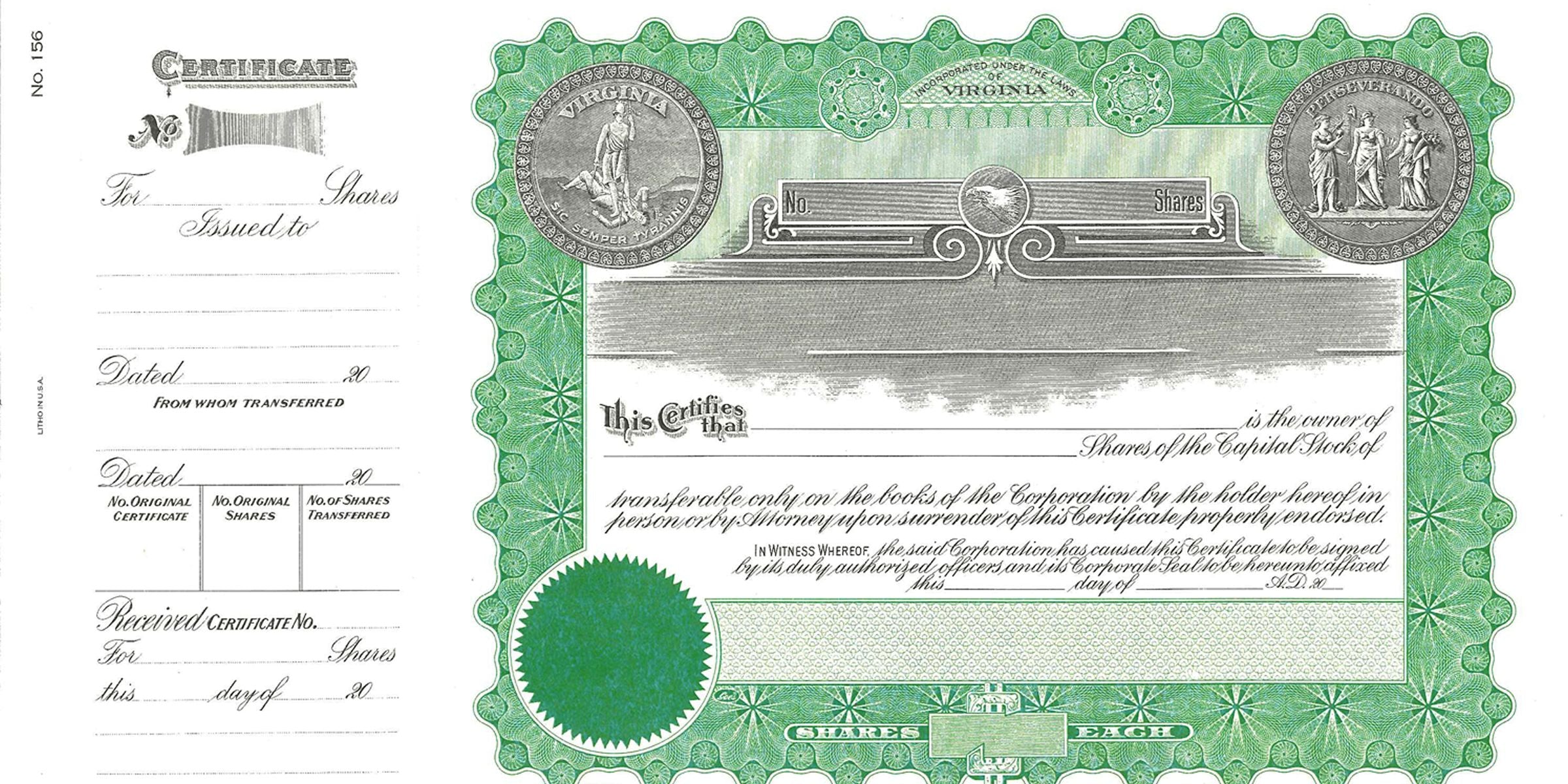 Vintage green stock certificate with ornate engraved border, Virginia state seal medallions, blank share transfer fields, and classic antique corporate document design for historical finance collection.