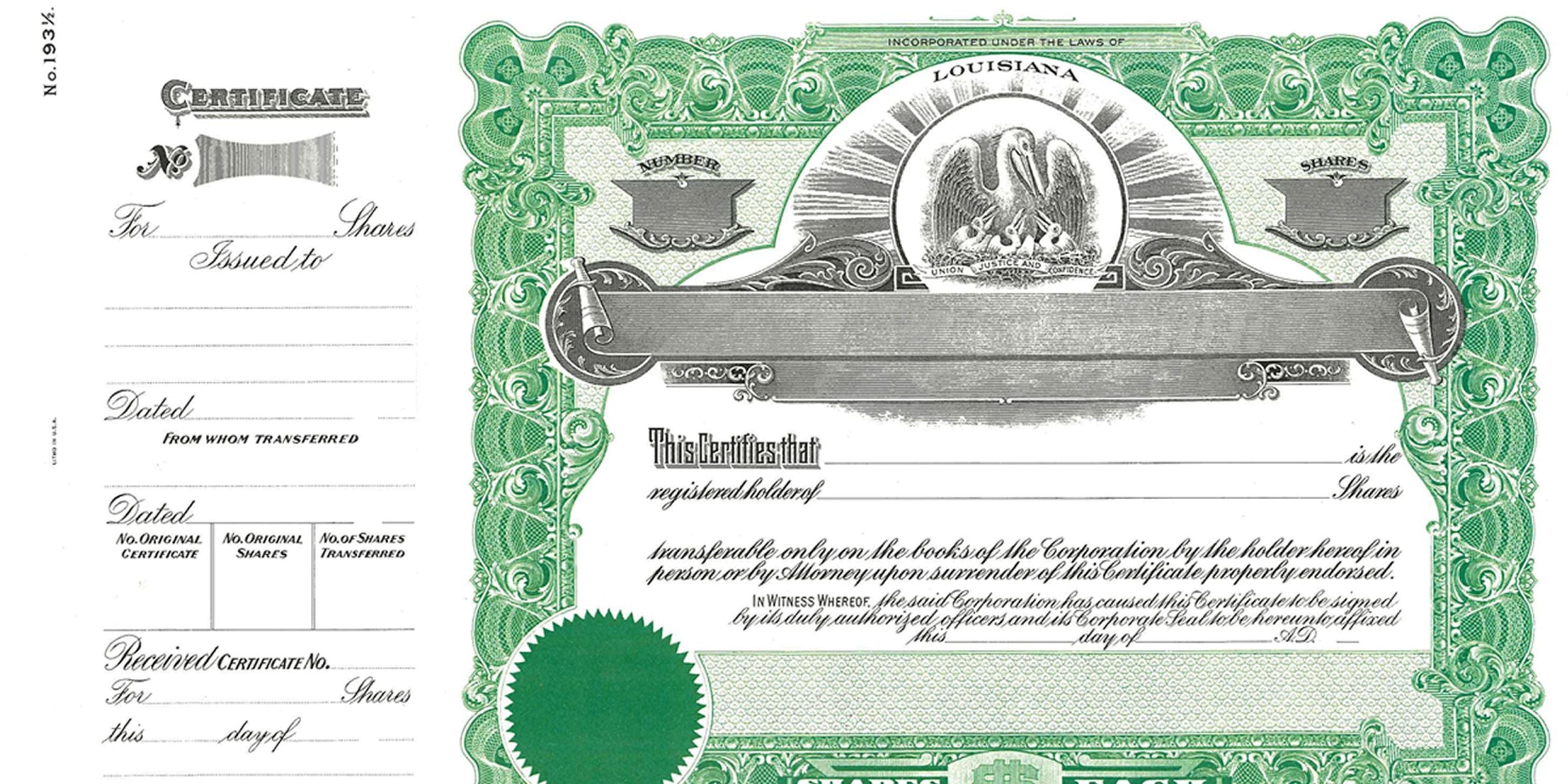 Vintage Louisiana stock certificate with ornate green border, eagle seal, blank shareholder fields, and classic antique corporate share certificate design.