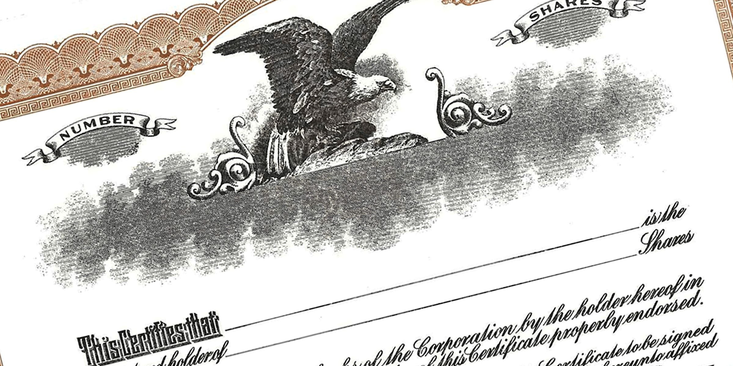 Vintage stock certificate with eagle illustration, ornate decorative border, and share labels, featuring classic black-and-white engraving and elegant script text.