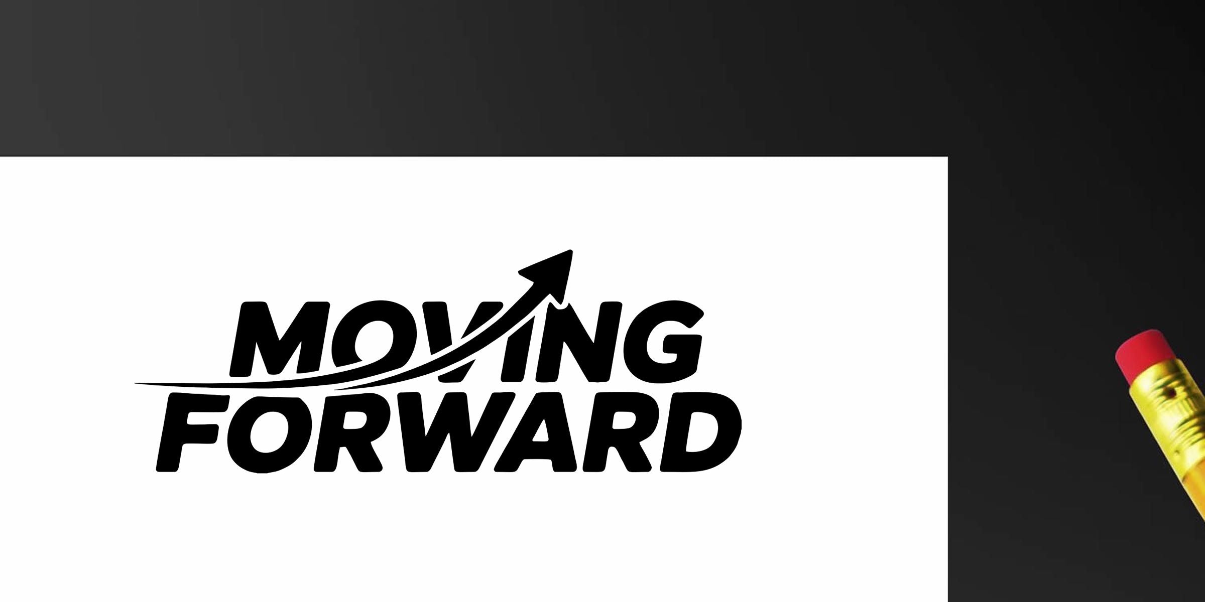 MOVING FORWARD text logo with an upward arrow symbol on a white background, representing growth, progress, and business success