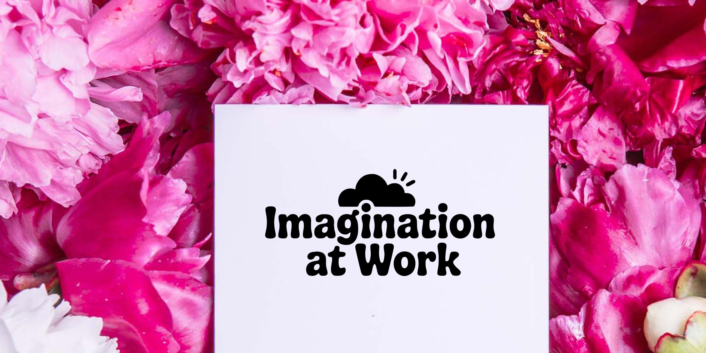 Imagination at Work logo on a white card surrounded by vibrant pink peony petals and floral background
