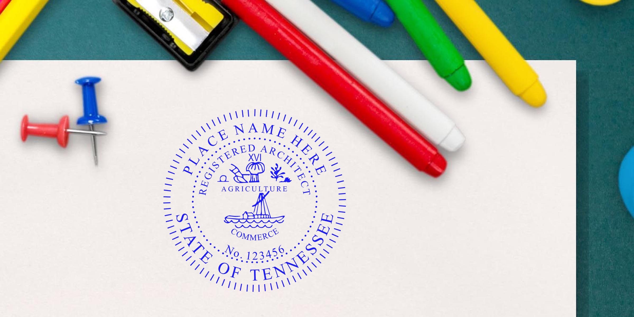 Tennessee architect stamp with official state seal on paper, surrounded by colorful markers and push pins, highlighting license verification design.