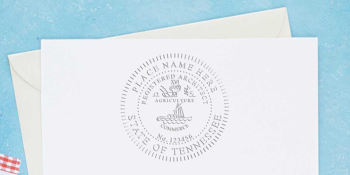 Embossed custom architect stamp Tennessee on white paper with envelope, affordable seal options for official documents.