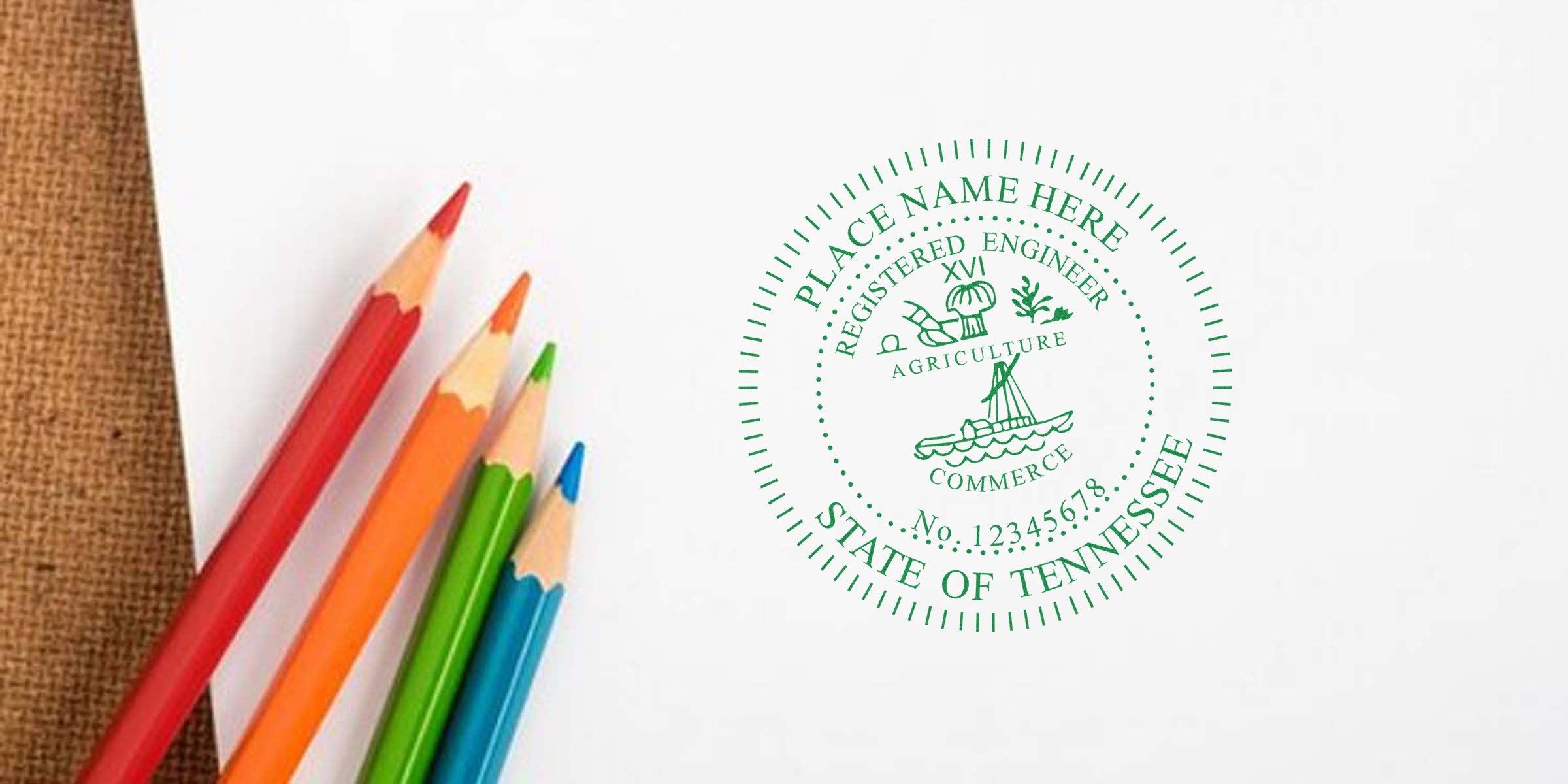 Colored pencils on paper with Tennessee notary public seal and Professional Engineer stamps, including Tennessee PE stamps, for official document verification.